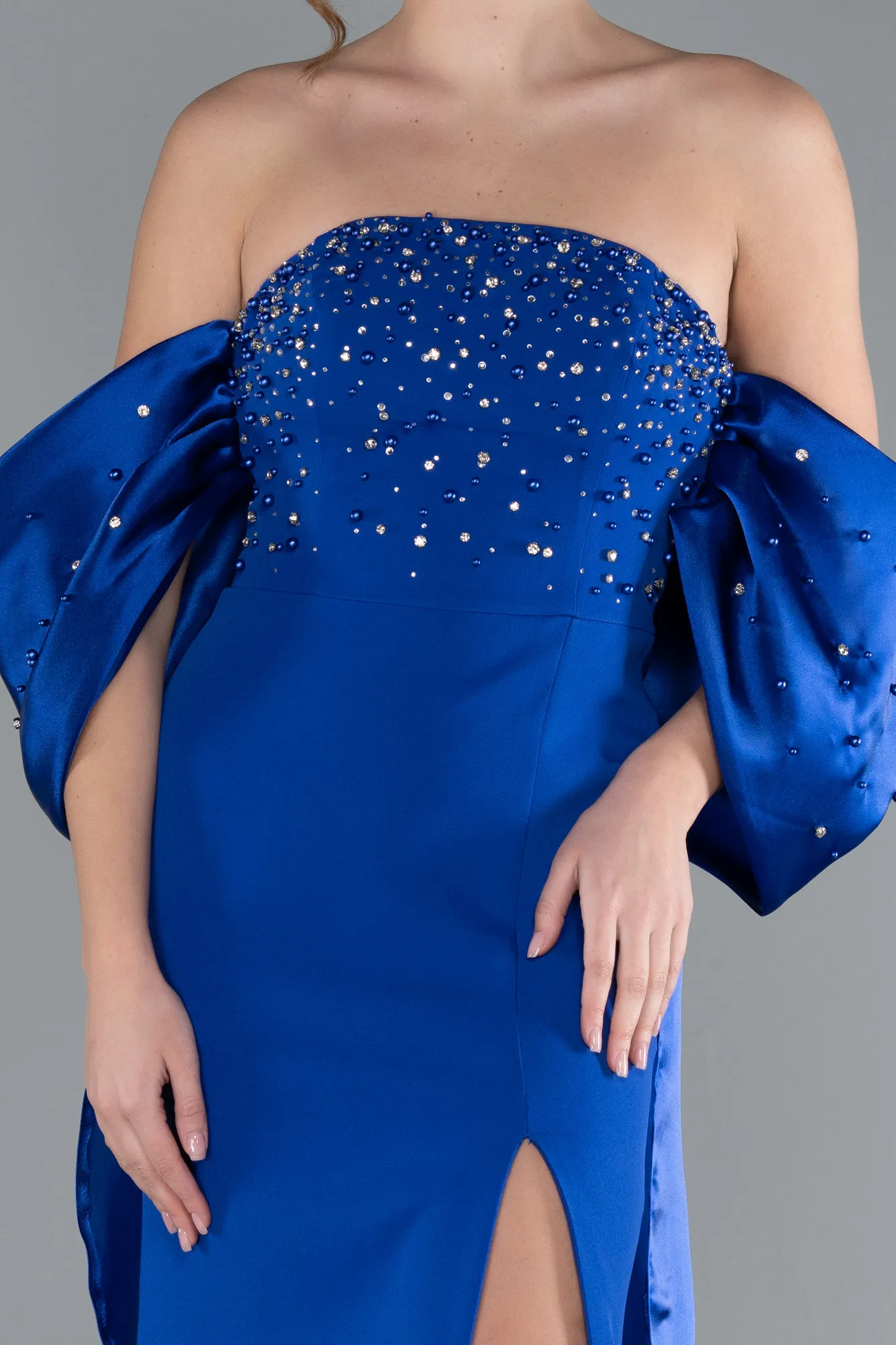 Sax Blue-Stoned Strapless Slit Tail Long Evening Gown ABU4736
