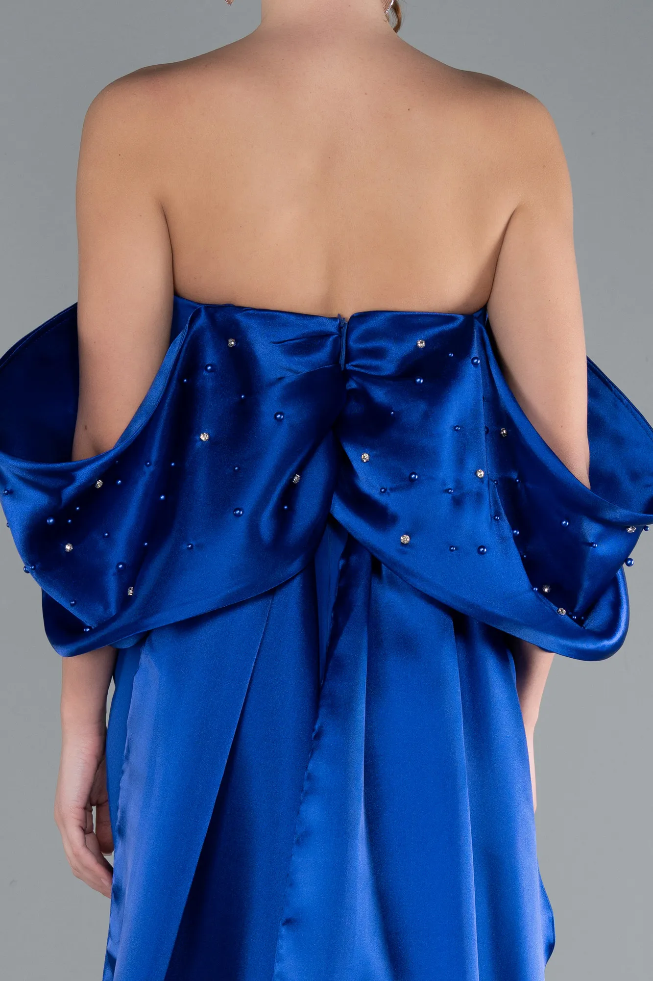 Sax Blue-Stoned Strapless Slit Tail Long Evening Gown ABU4736