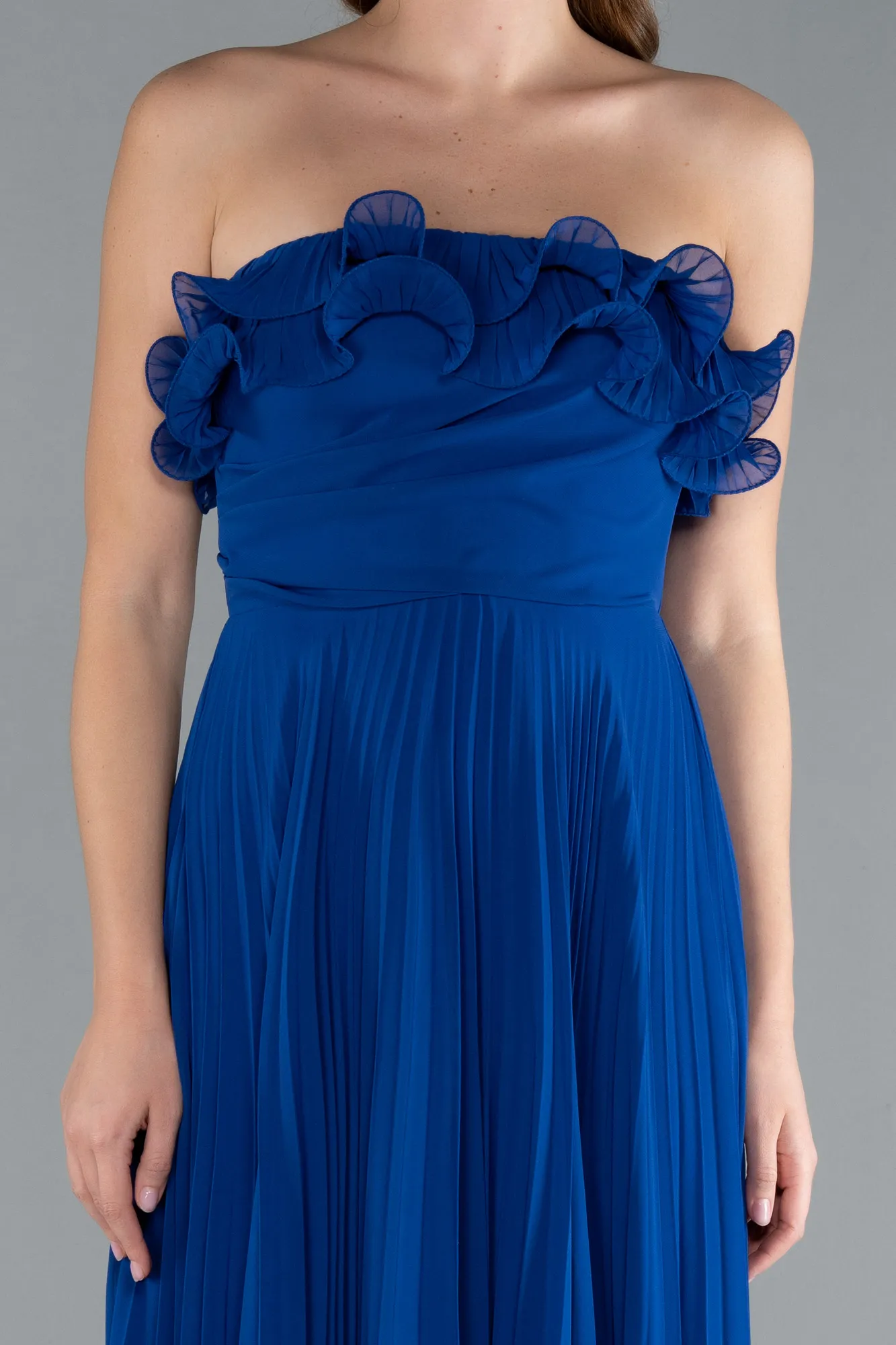Sax Blue-Strapless Long Chiffon Prom Gown ABU4866