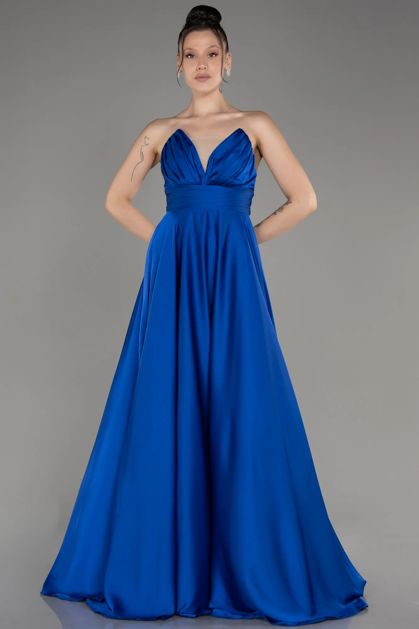 Sax Blue-Strapless Long Satin Prom Dress ABU3965