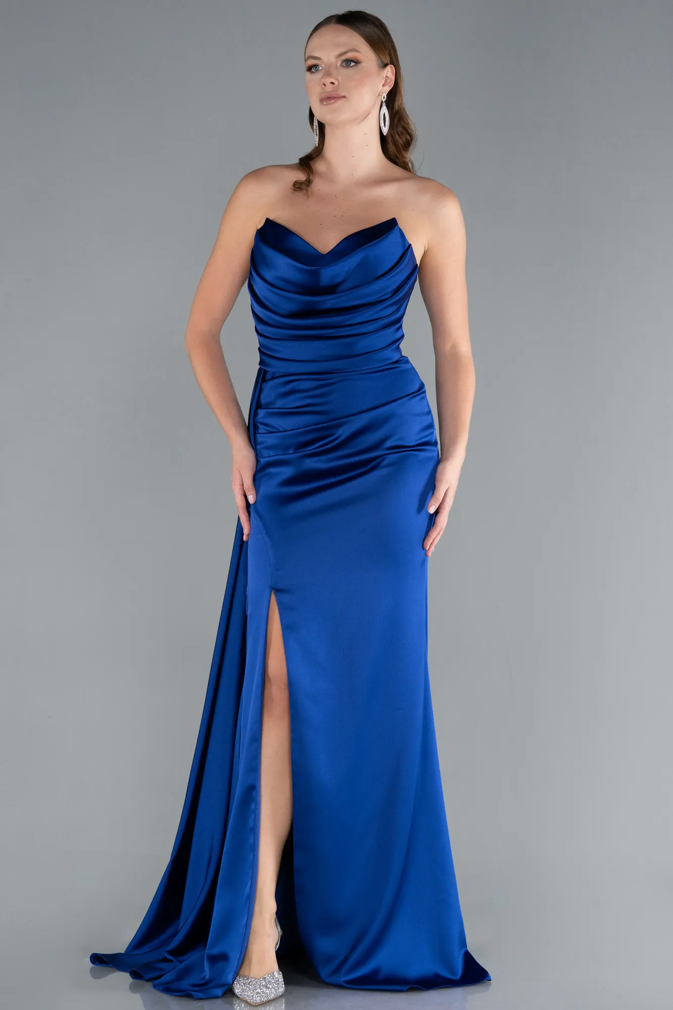 Sax Blue-Strapless Side Slit Satin Evening Gown ABU4841