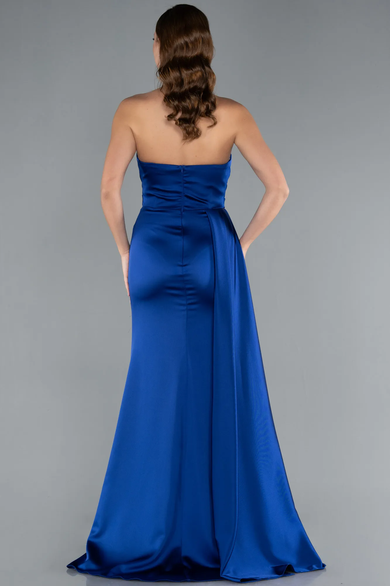 Sax Blue-Strapless Side Slit Satin Evening Gown ABU4841
