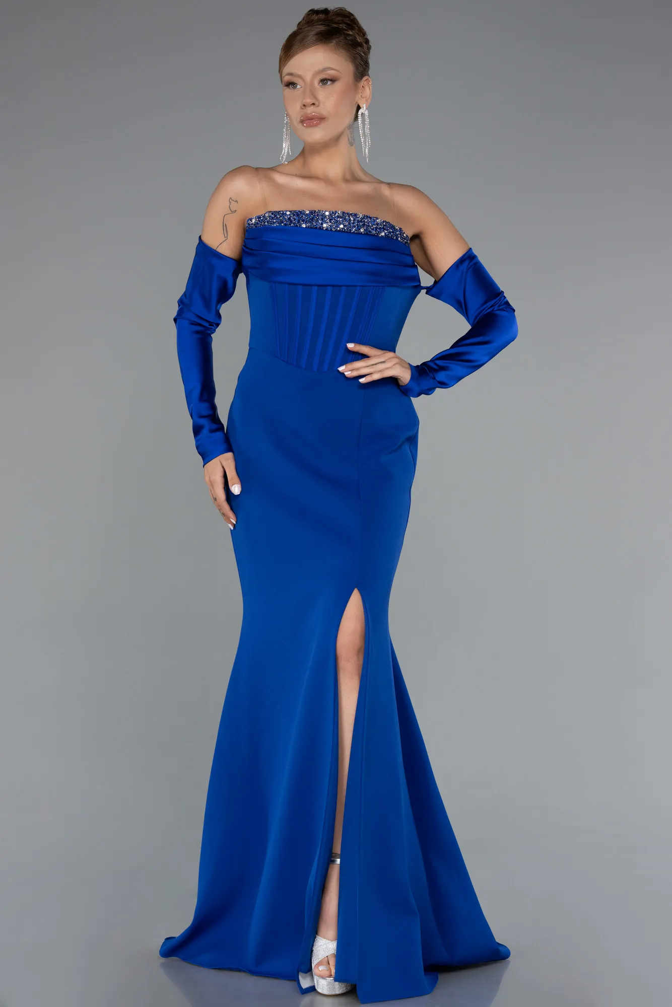 Sax Blue-Strapless Sleeve Accessory Slit Mermaid Prom Dress ABU4637