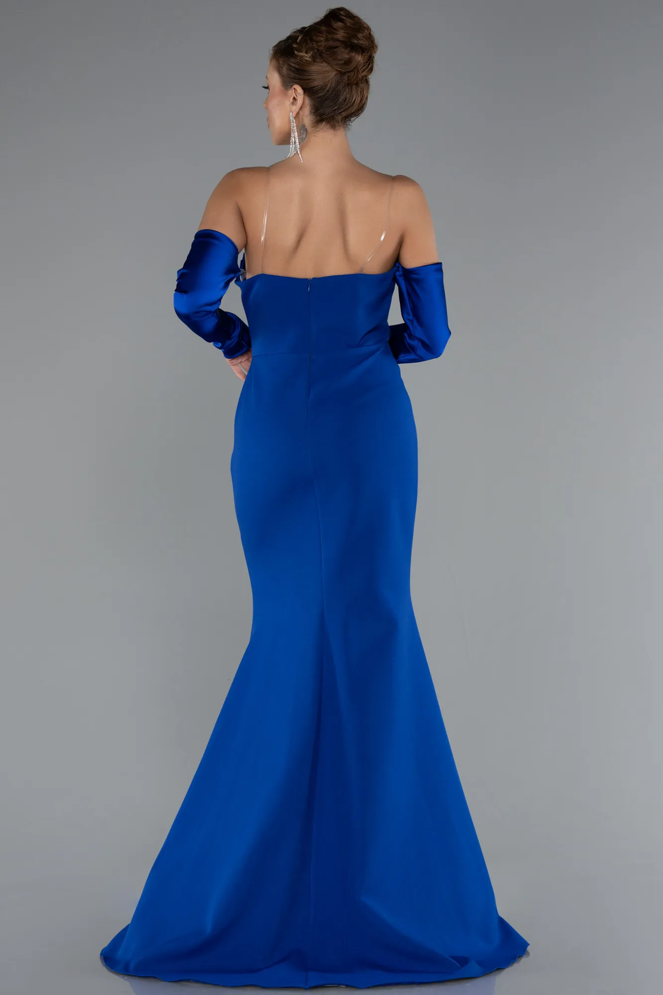 Sax Blue-Strapless Sleeve Accessory Slit Mermaid Prom Dress ABU4637