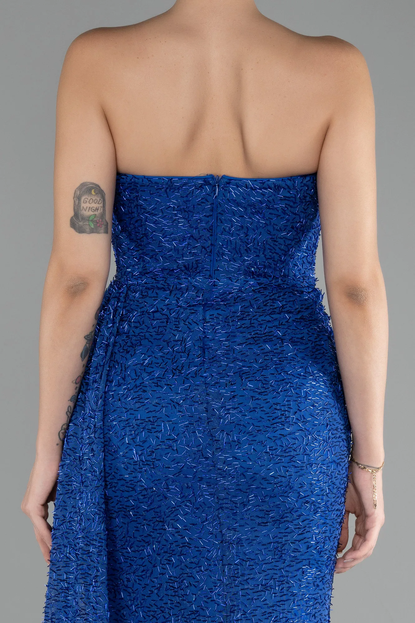 Sax Blue-Strapless Slit Beaded Long Evening Gown ABU4114