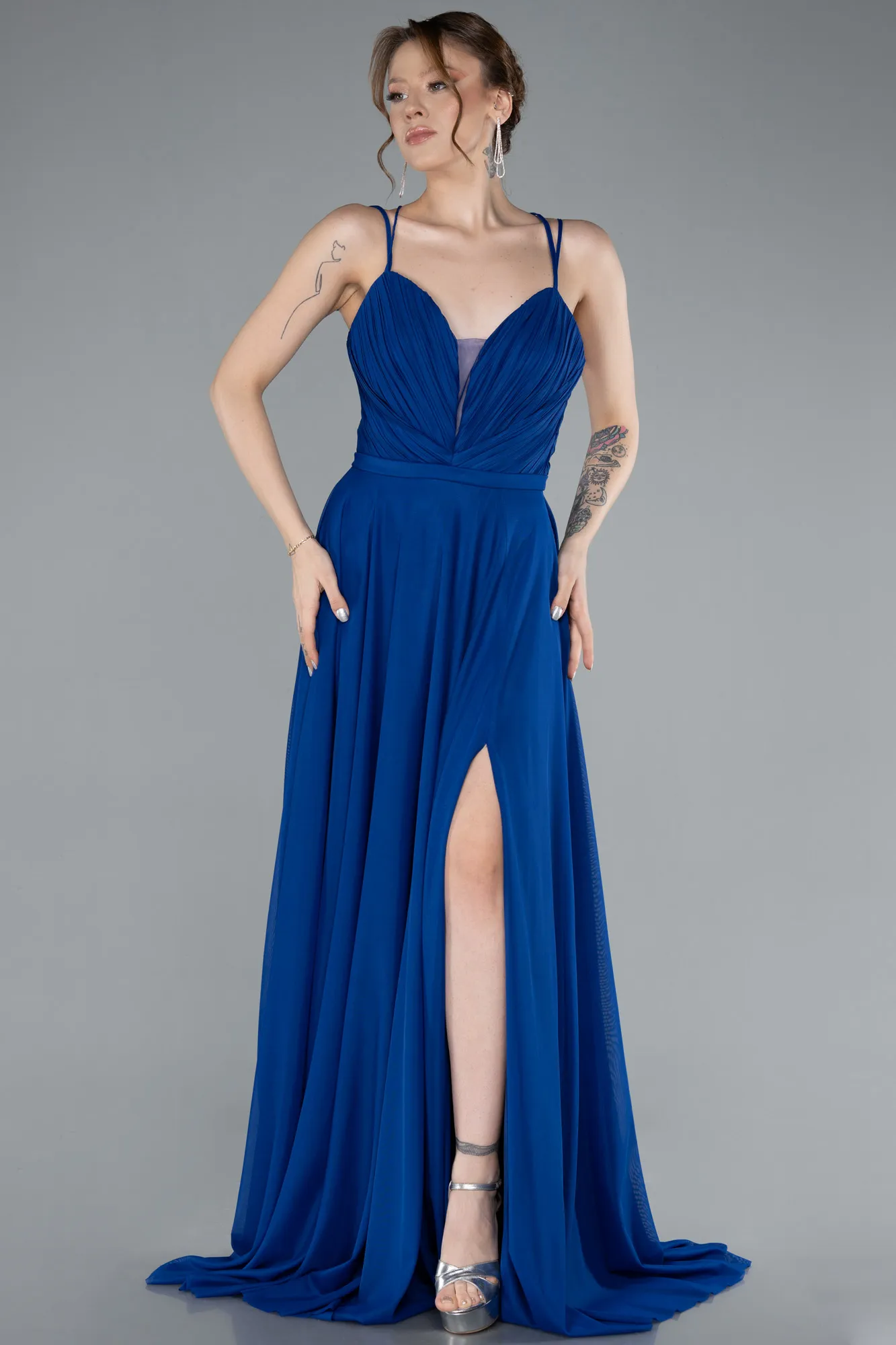 Sax Blue-Strapless Slit Long Evening Dress ABU4812