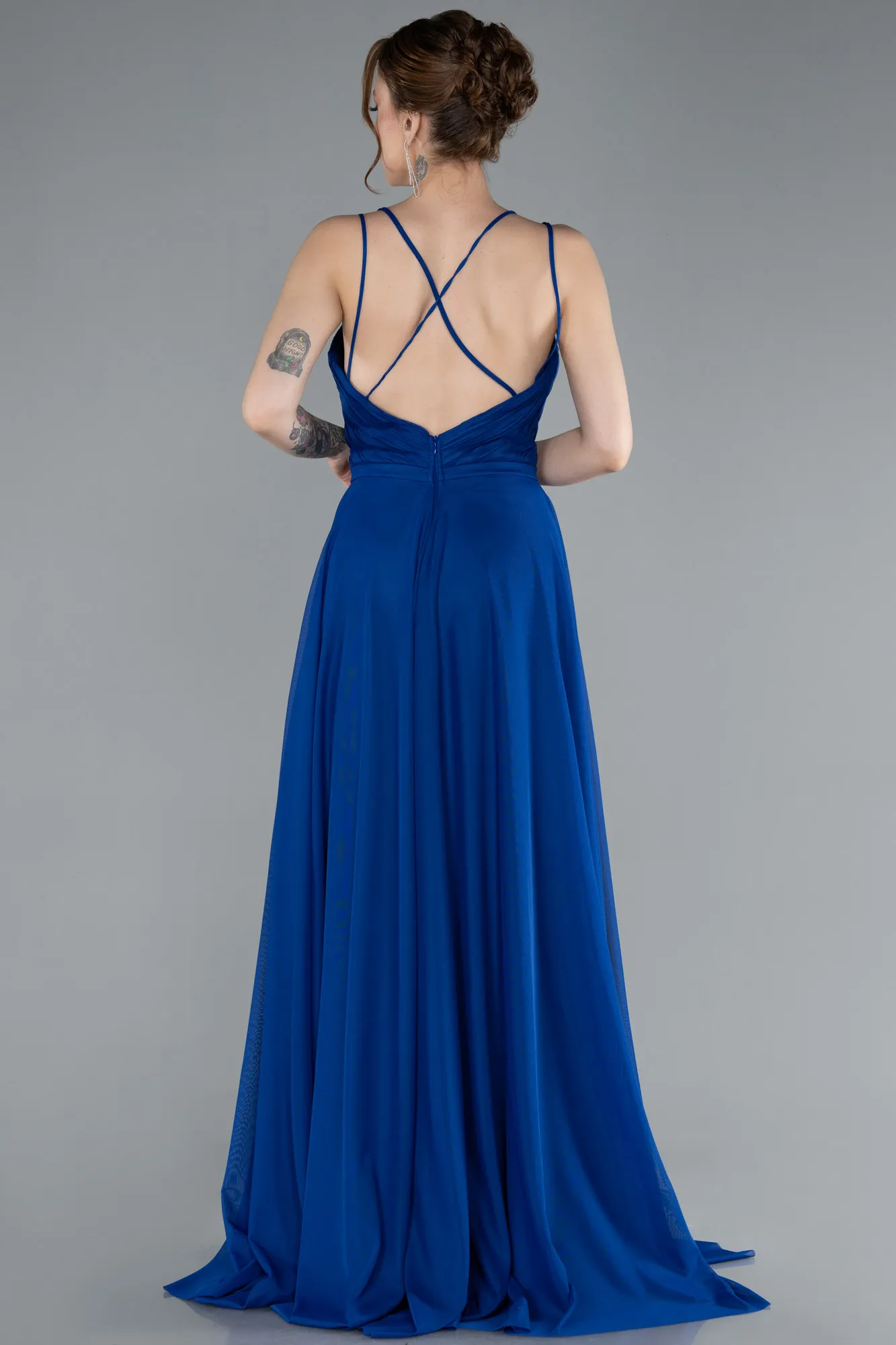 Sax Blue-Strapless Slit Long Evening Dress ABU4812