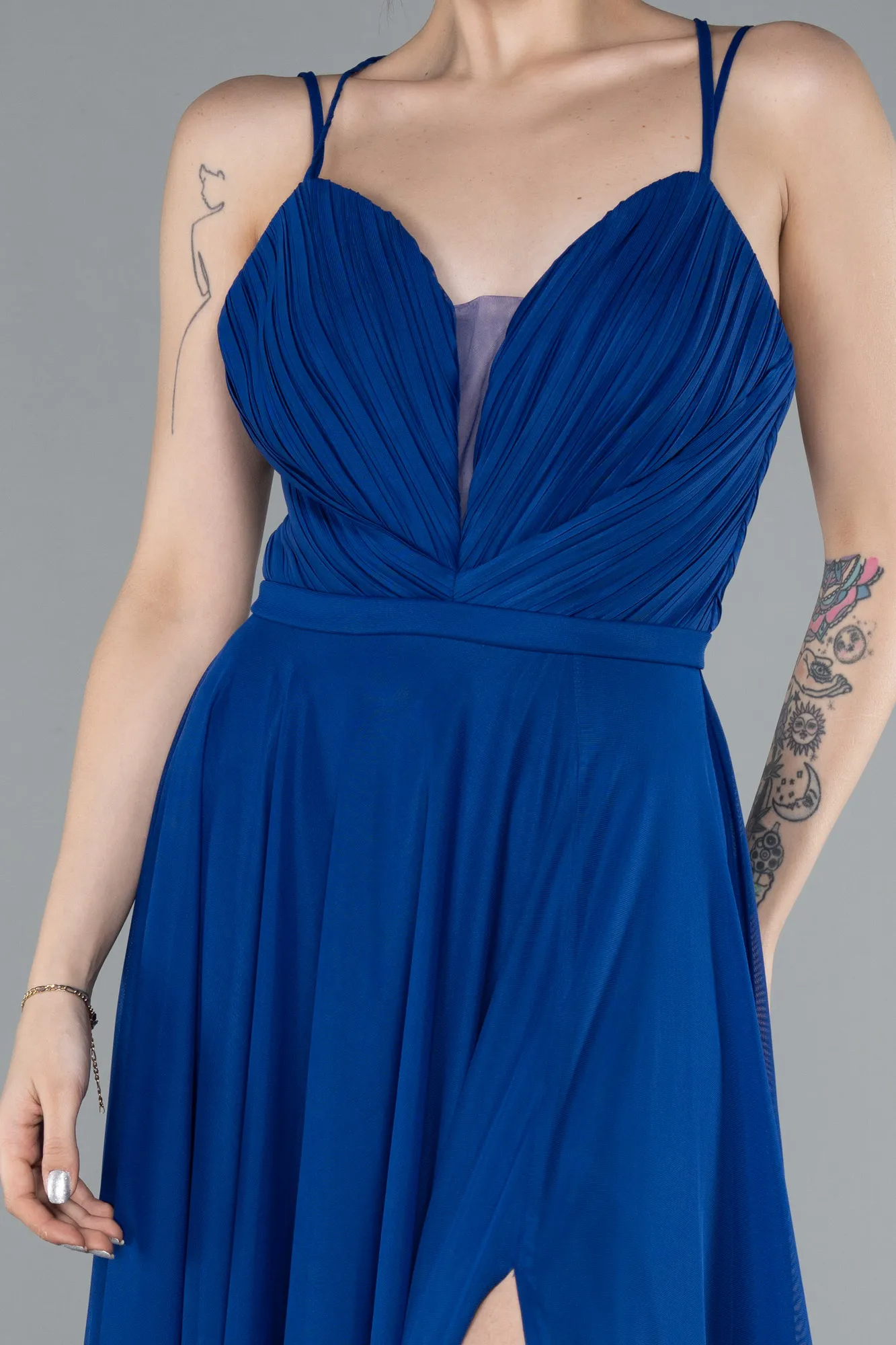 Sax Blue-Strapless Slit Long Evening Dress ABU4812