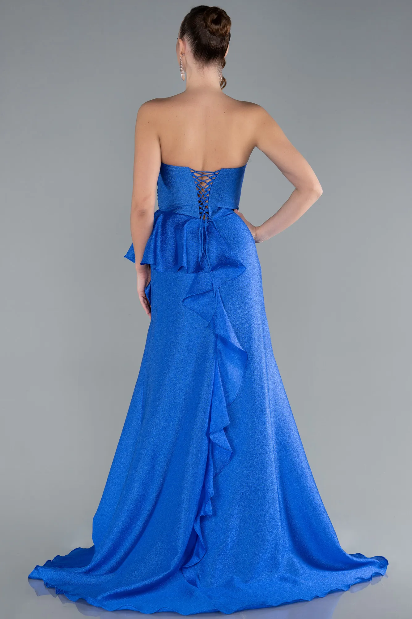 Sax Blue-Strapless Slit Long Evening Gown ABU4724