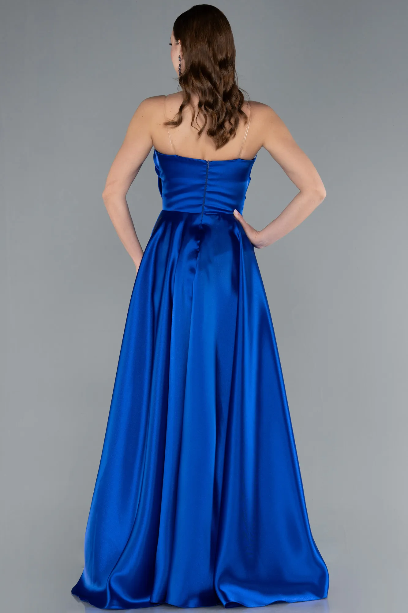 Sax Blue-Strapless Slit Long Satin Prom Dress ABU4561