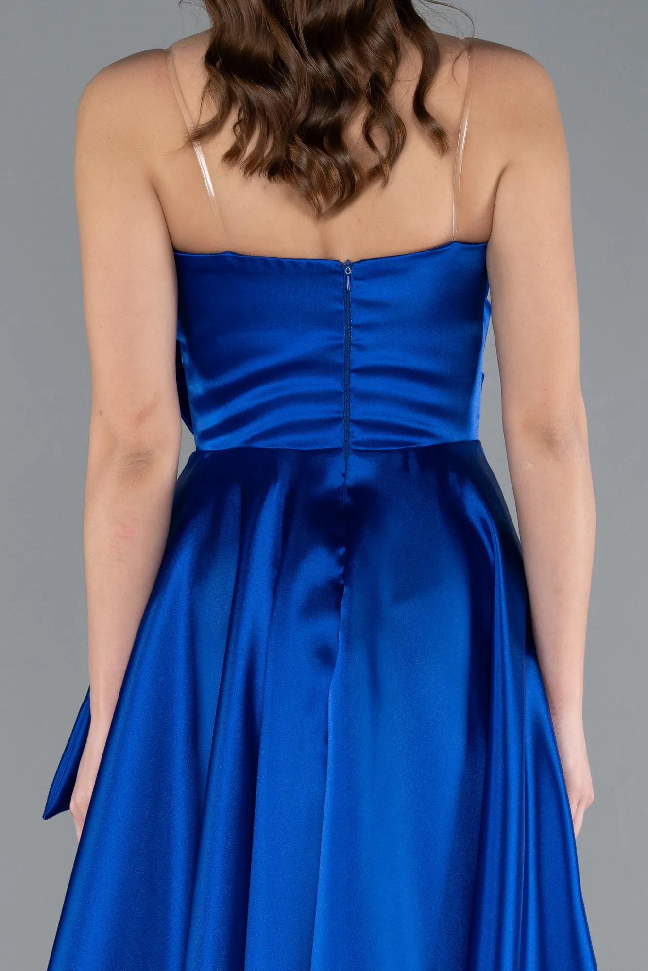 Sax Blue-Strapless Slit Long Satin Prom Dress ABU4561