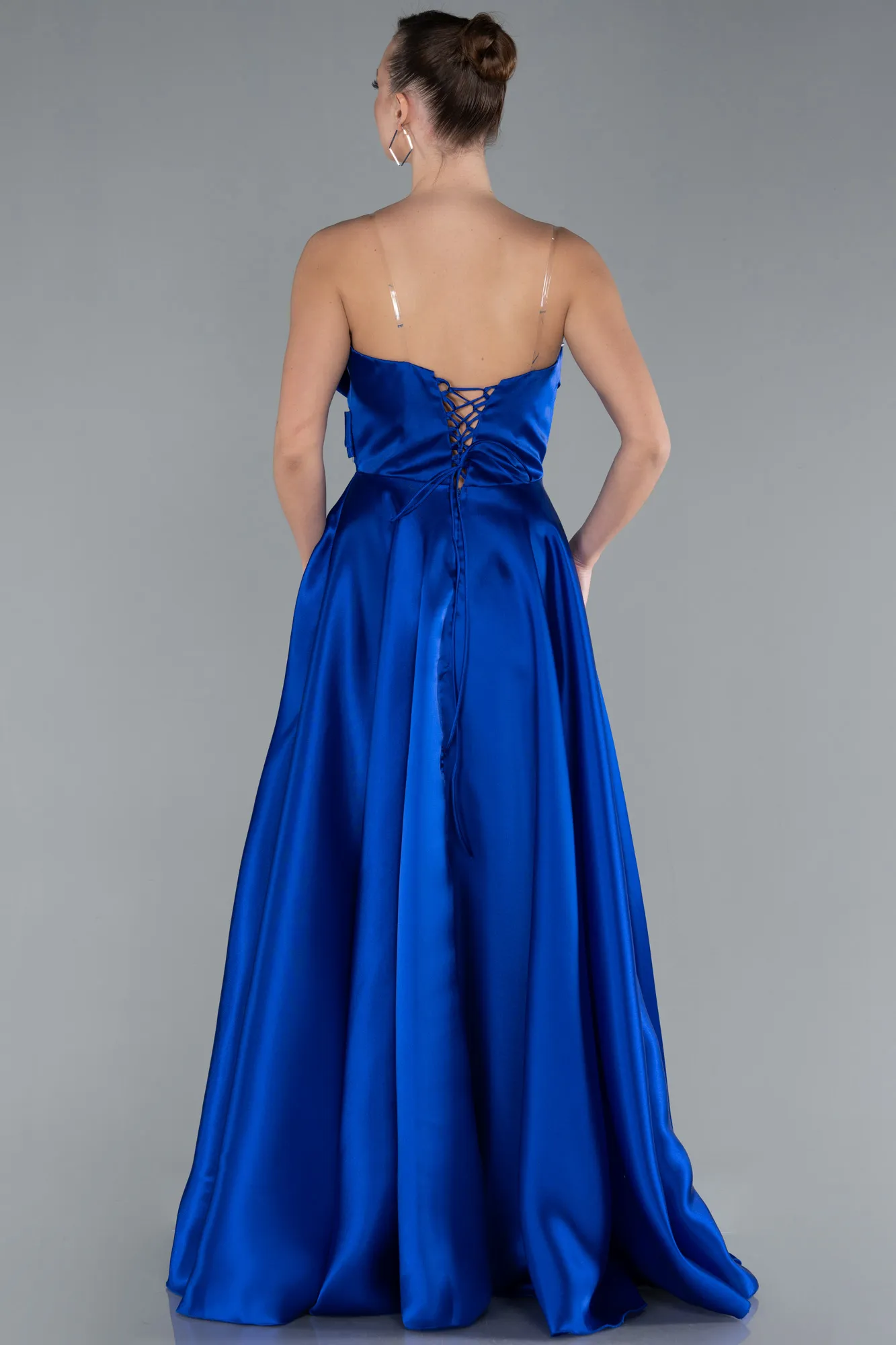 Sax Blue-Strapless Slit Long Satin Prom Dress ABU4680