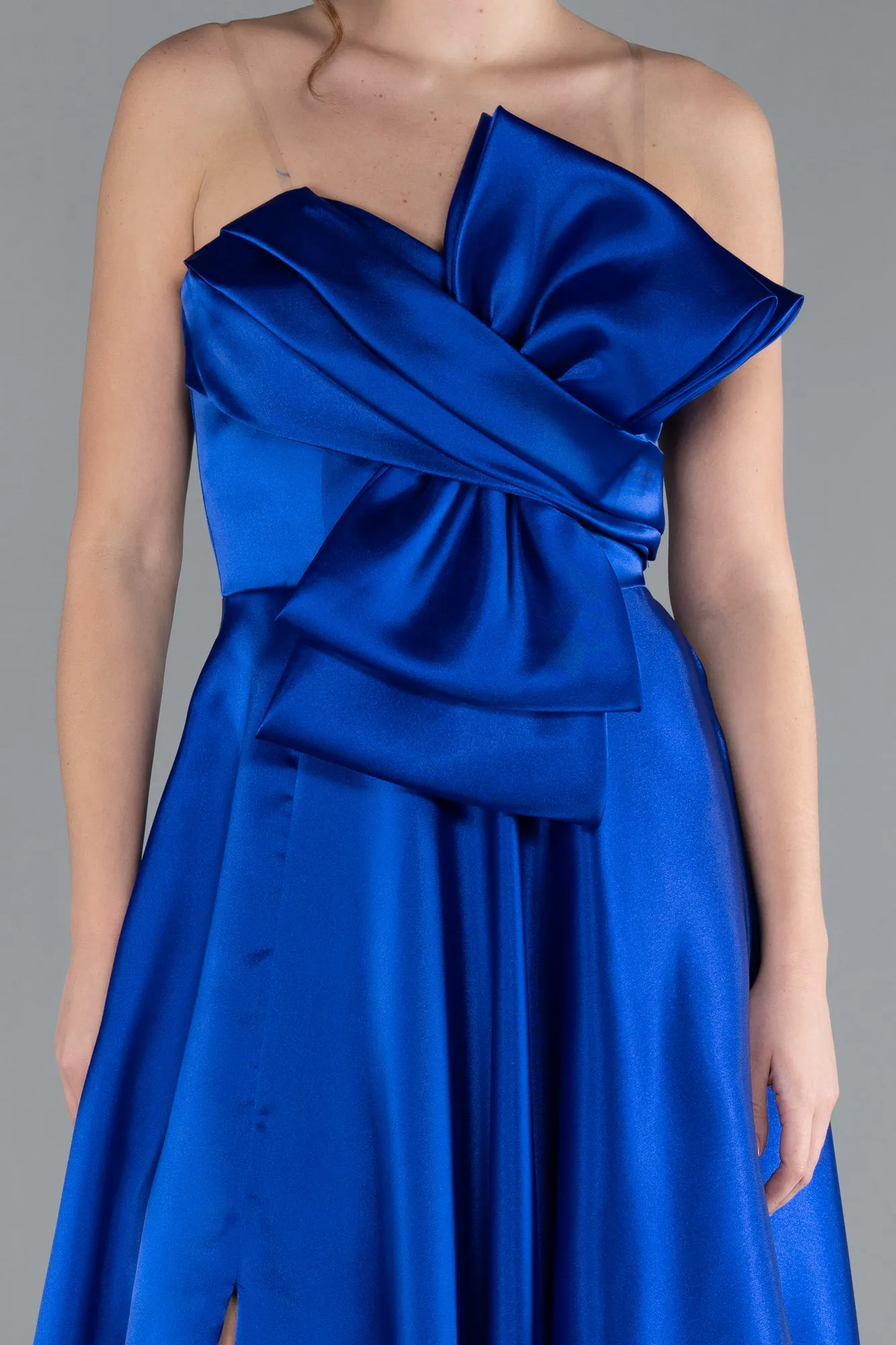 Sax Blue-Strapless Slit Long Satin Prom Dress ABU4680