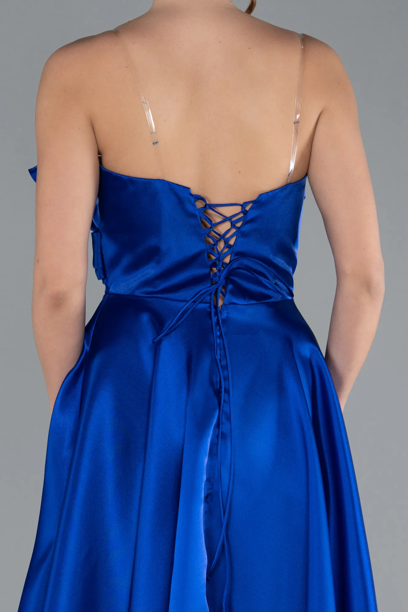 Sax Blue-Strapless Slit Long Satin Prom Dress ABU4680