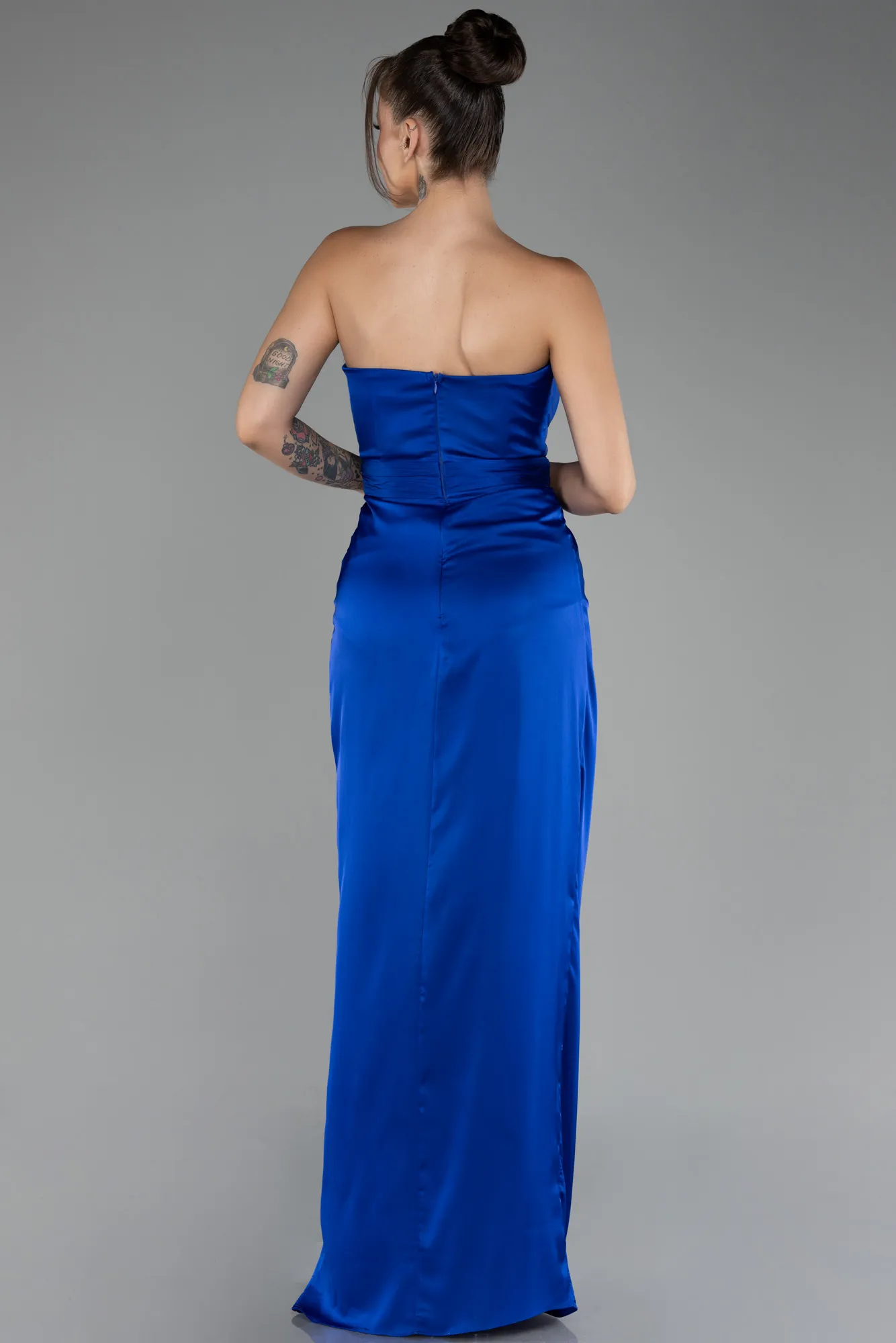 Sax Blue-Strapless Slit Long Satin Prom Gown ABU4071