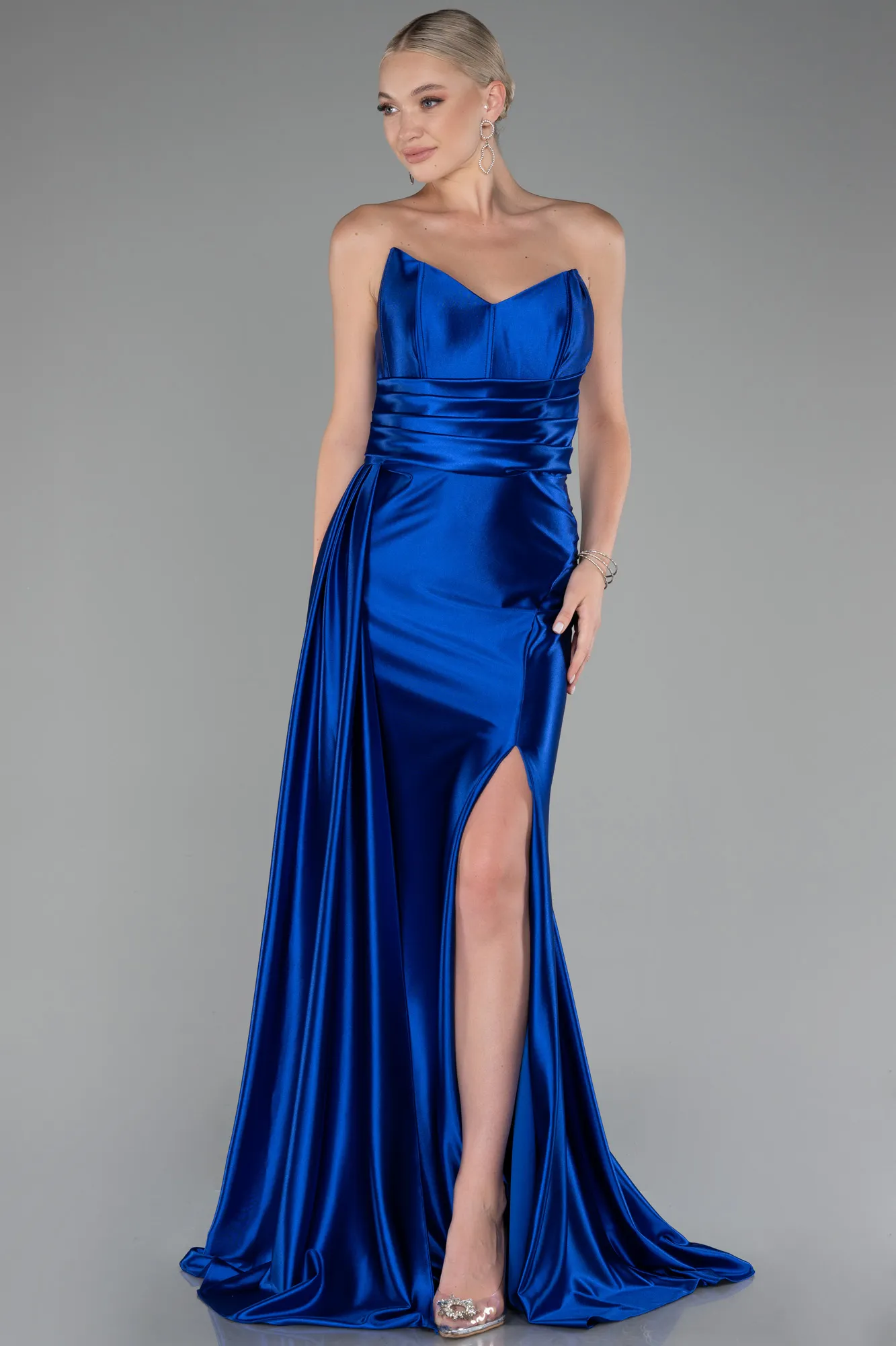 Sax Blue-Strapless Slit Long Satin Prom Gown ABU4072