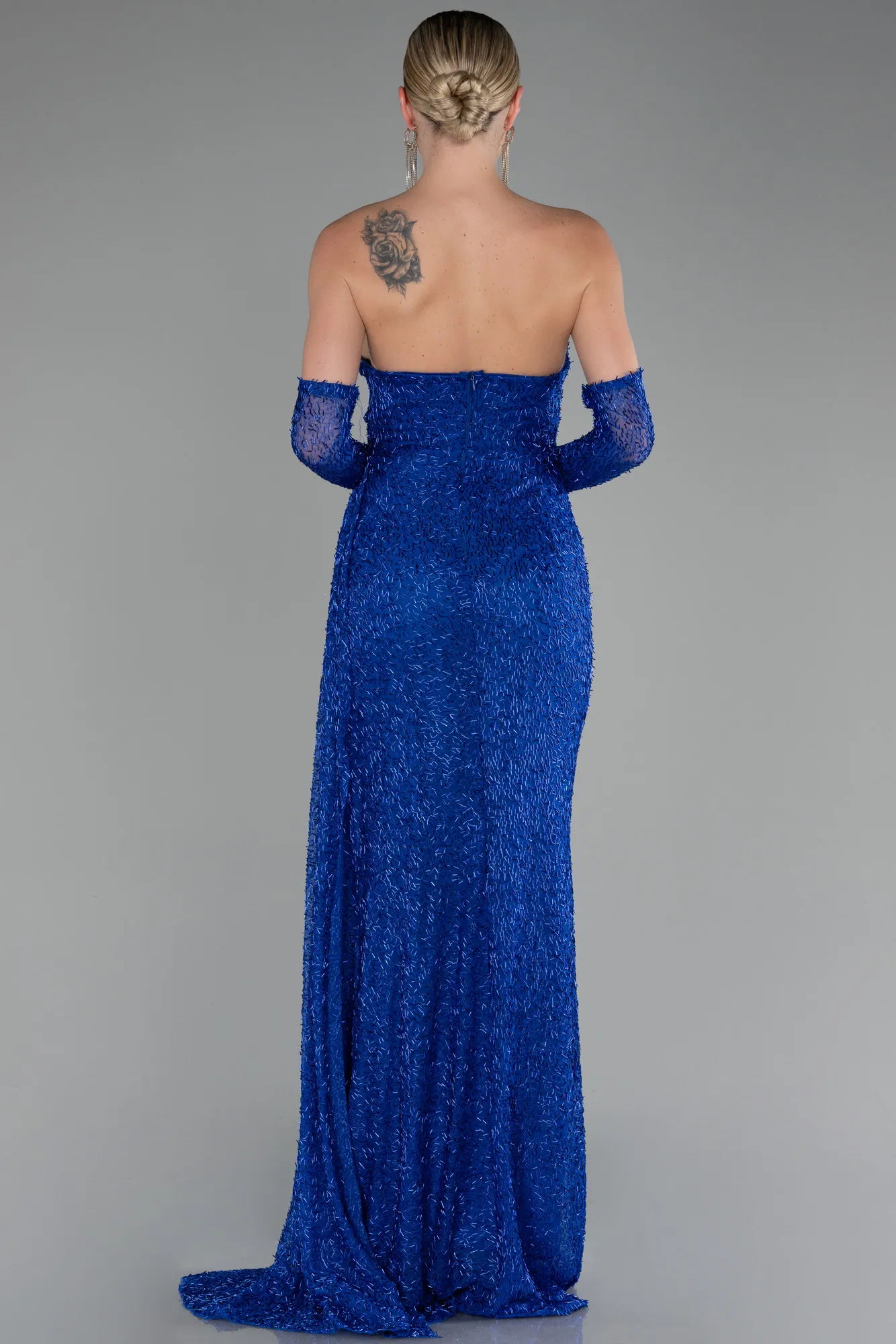 Sax Blue-Strapless Stony Long Slit Prom Gown ABU4163