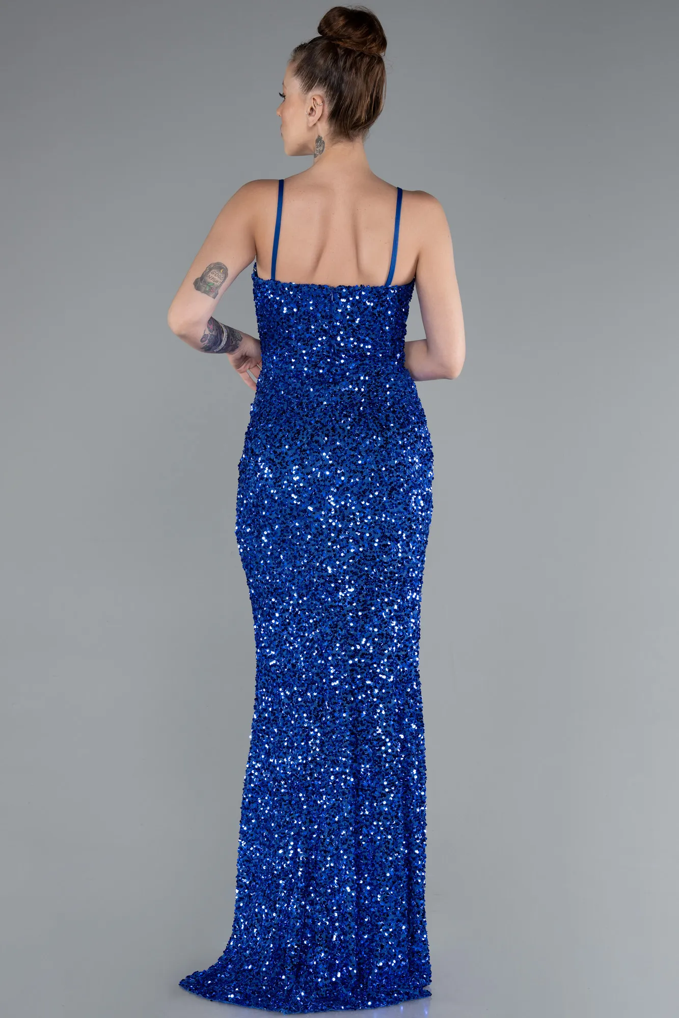 Sax Blue-Strapless Underwire Slit Long Sequin Evening Gown ABU4842