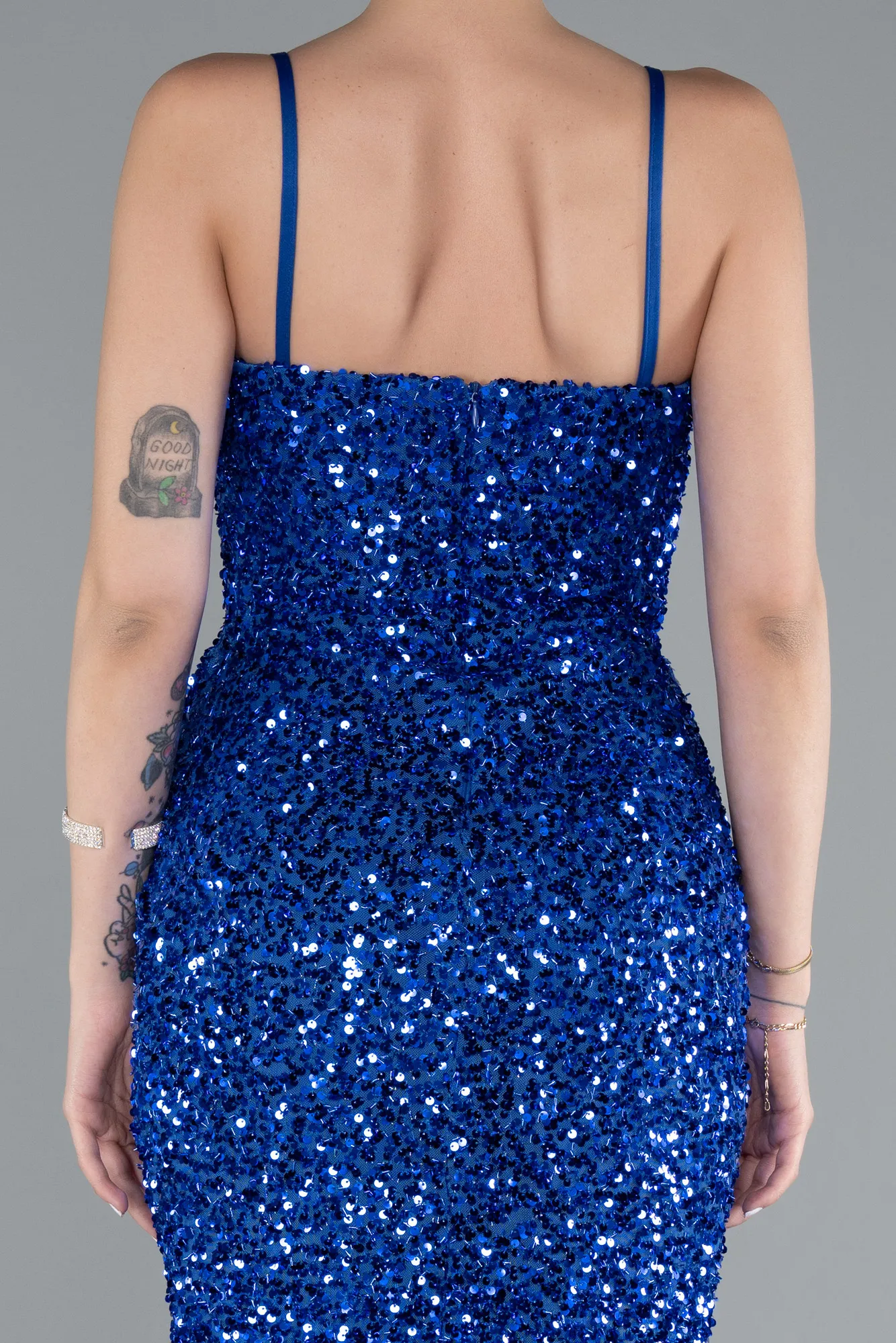 Sax Blue-Strapless Underwire Slit Long Sequin Evening Gown ABU4842