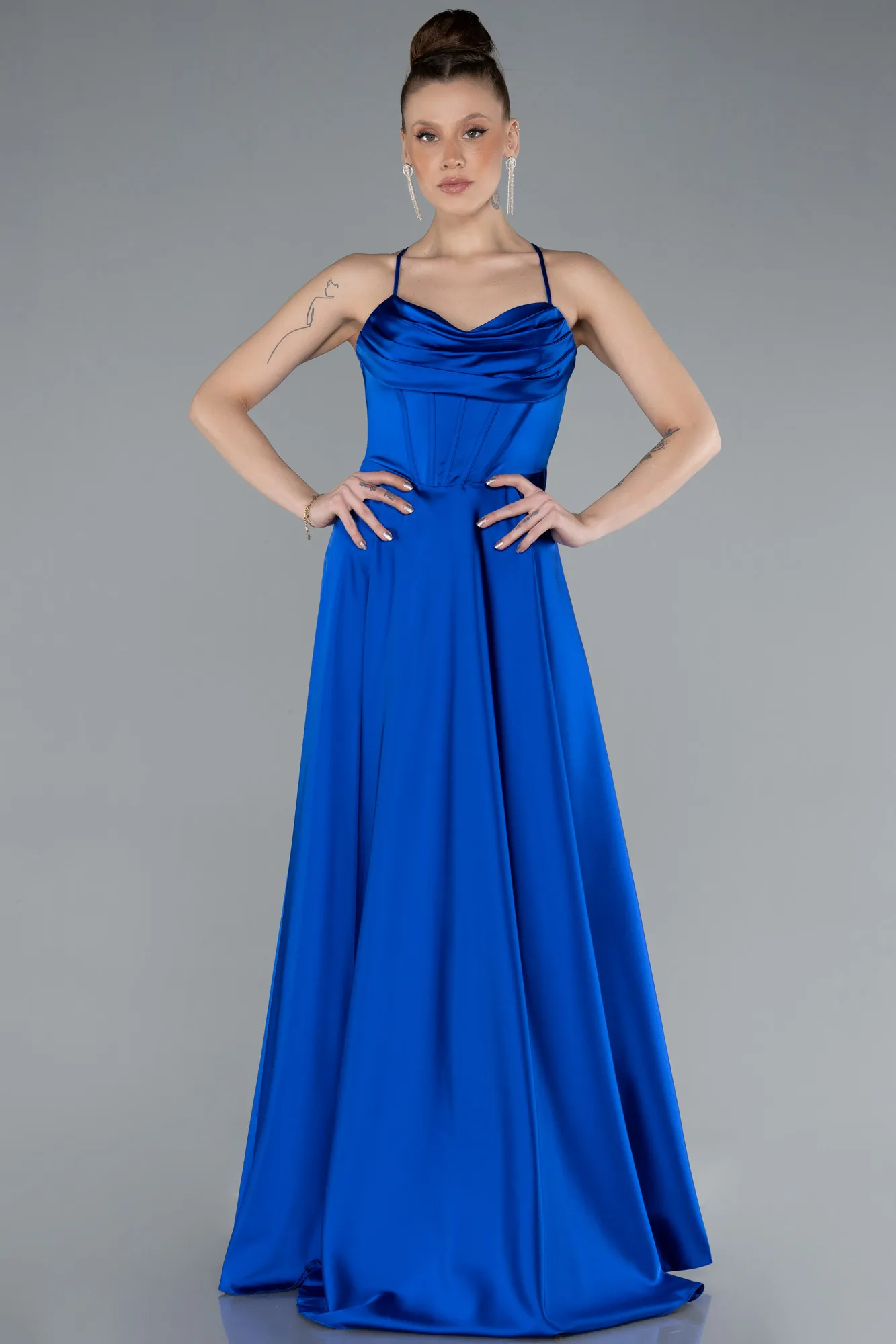 Sax Blue-Strappy Long Satin Prom Dress ABU4684
