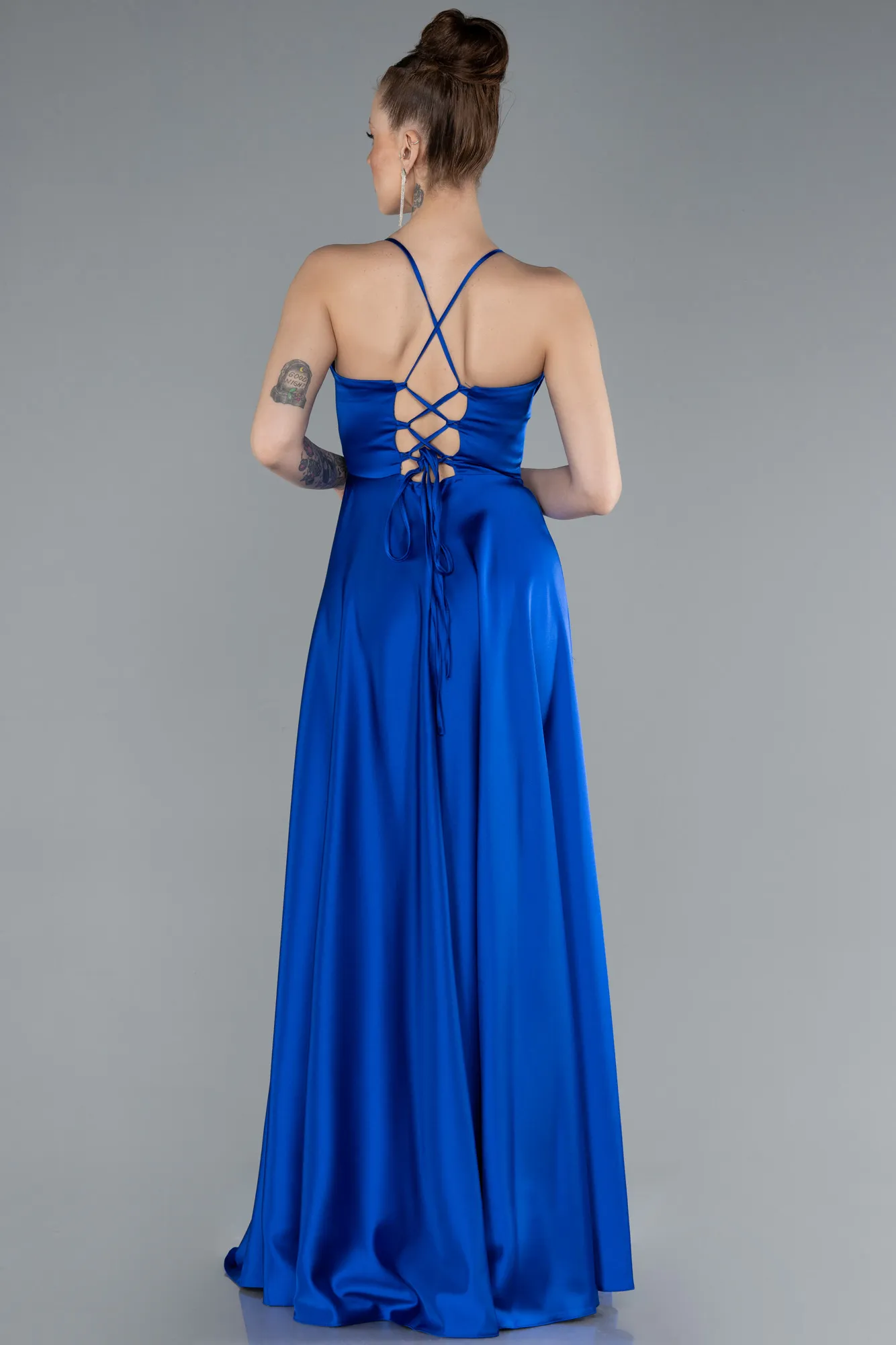 Sax Blue-Strappy Long Satin Prom Dress ABU4684