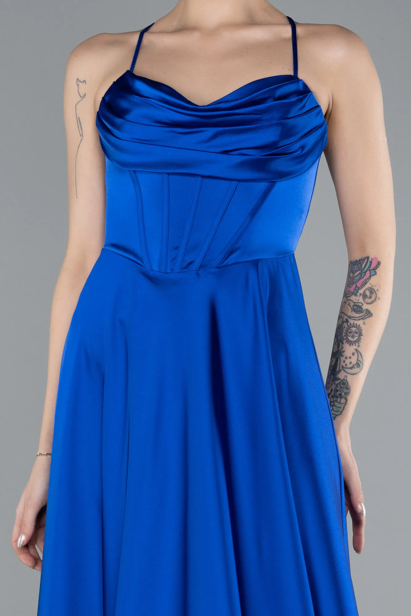 Sax Blue-Strappy Long Satin Prom Dress ABU4684