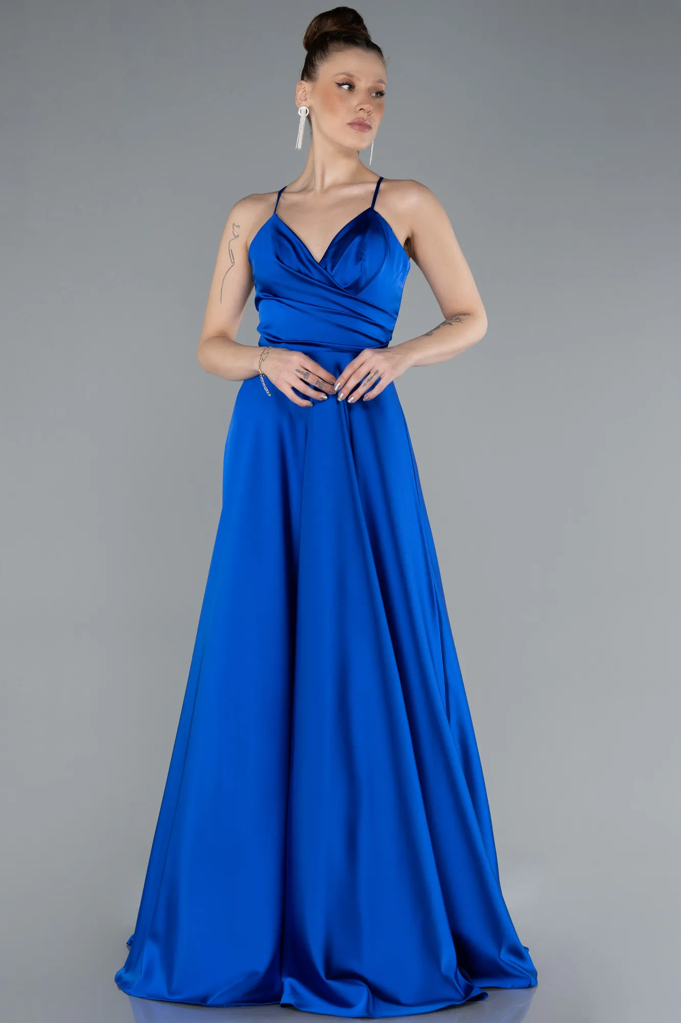 Sax Blue-Strappy Long Satin Prom Gown ABU3610