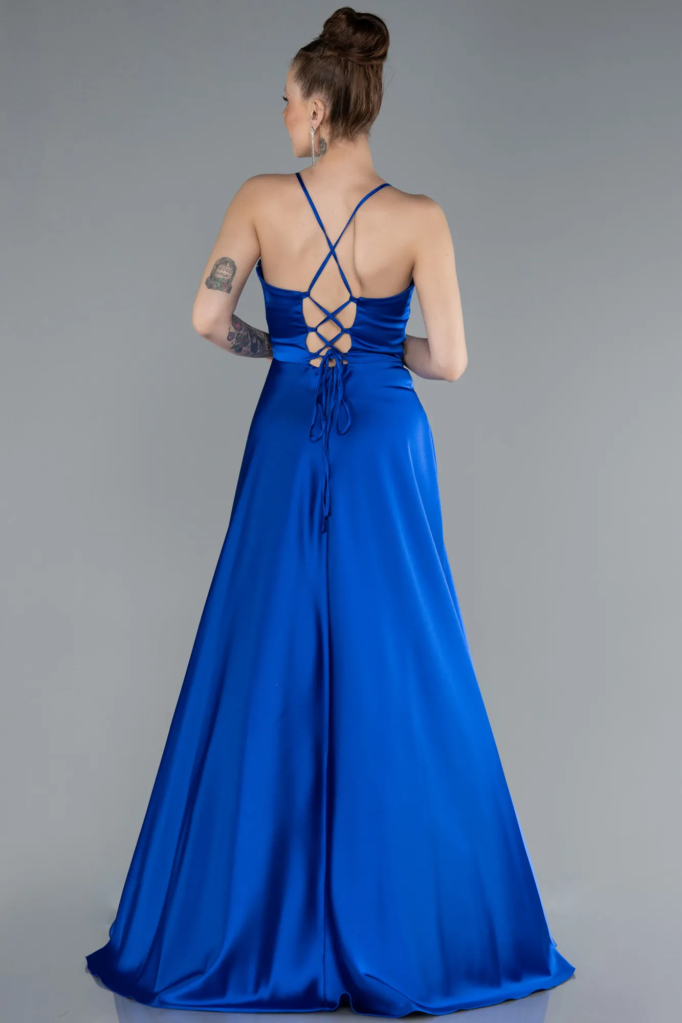 Sax Blue-Strappy Long Satin Prom Gown ABU3610
