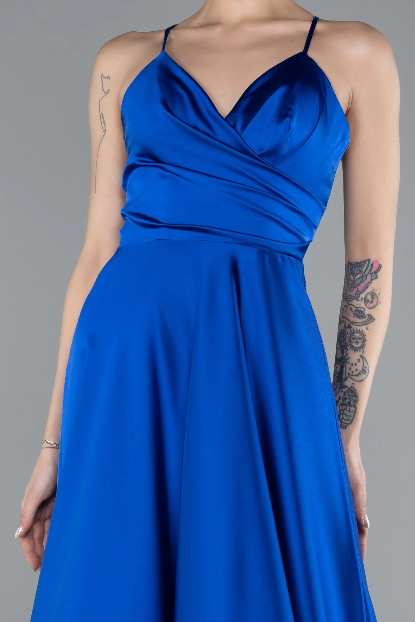 Sax Blue-Strappy Long Satin Prom Gown ABU3610