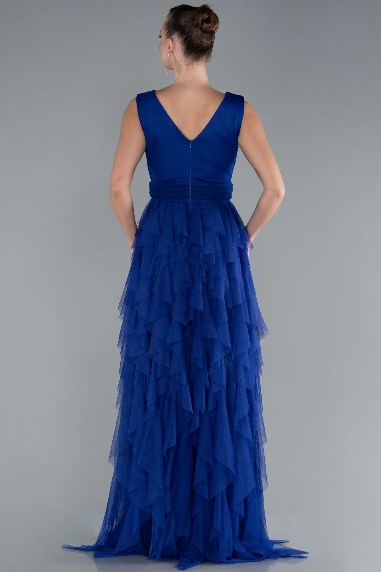 Sax Blue-V Neck Layered Tulle Long Prom Dress ABU4723