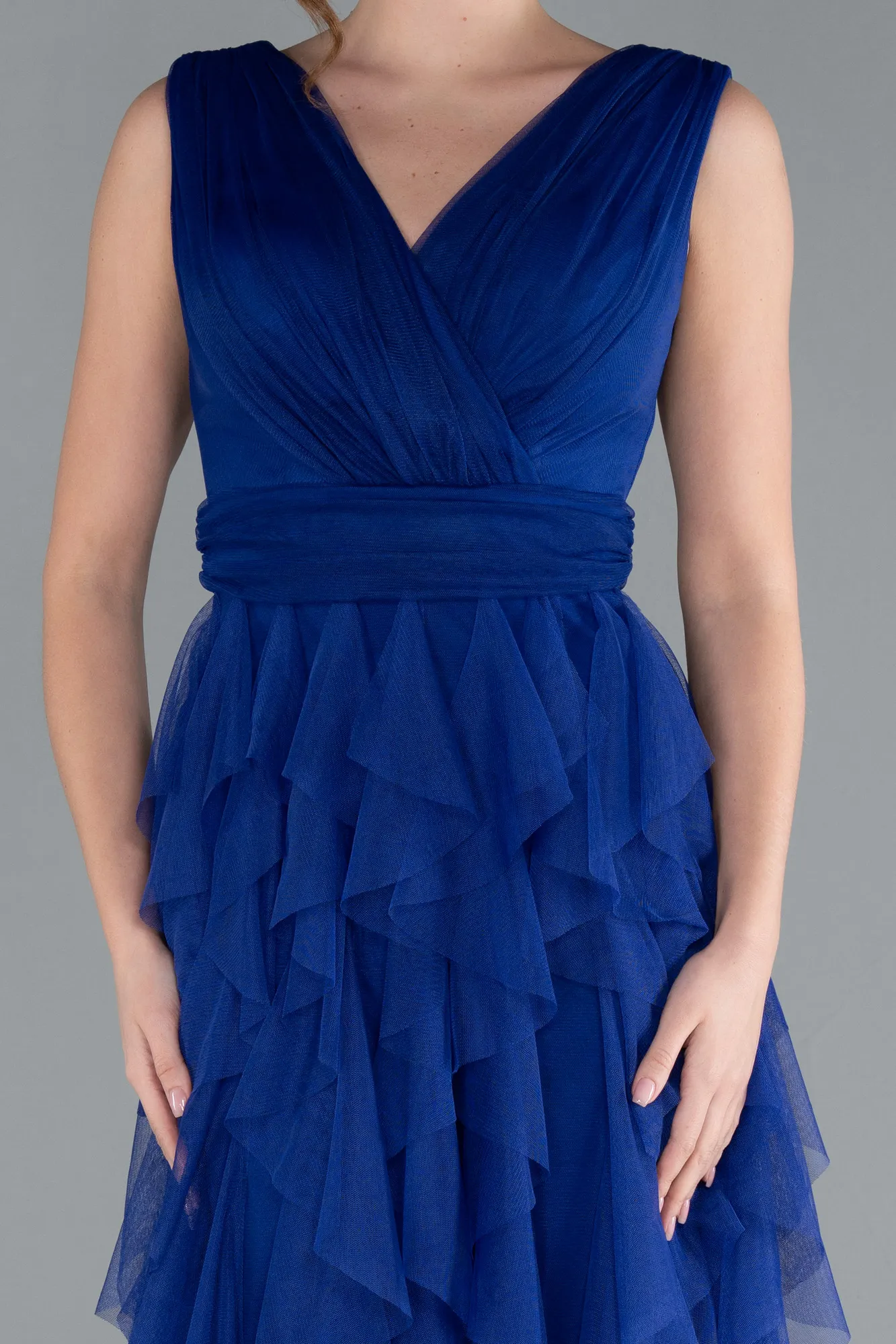 Sax Blue-V Neck Layered Tulle Long Prom Dress ABU4723