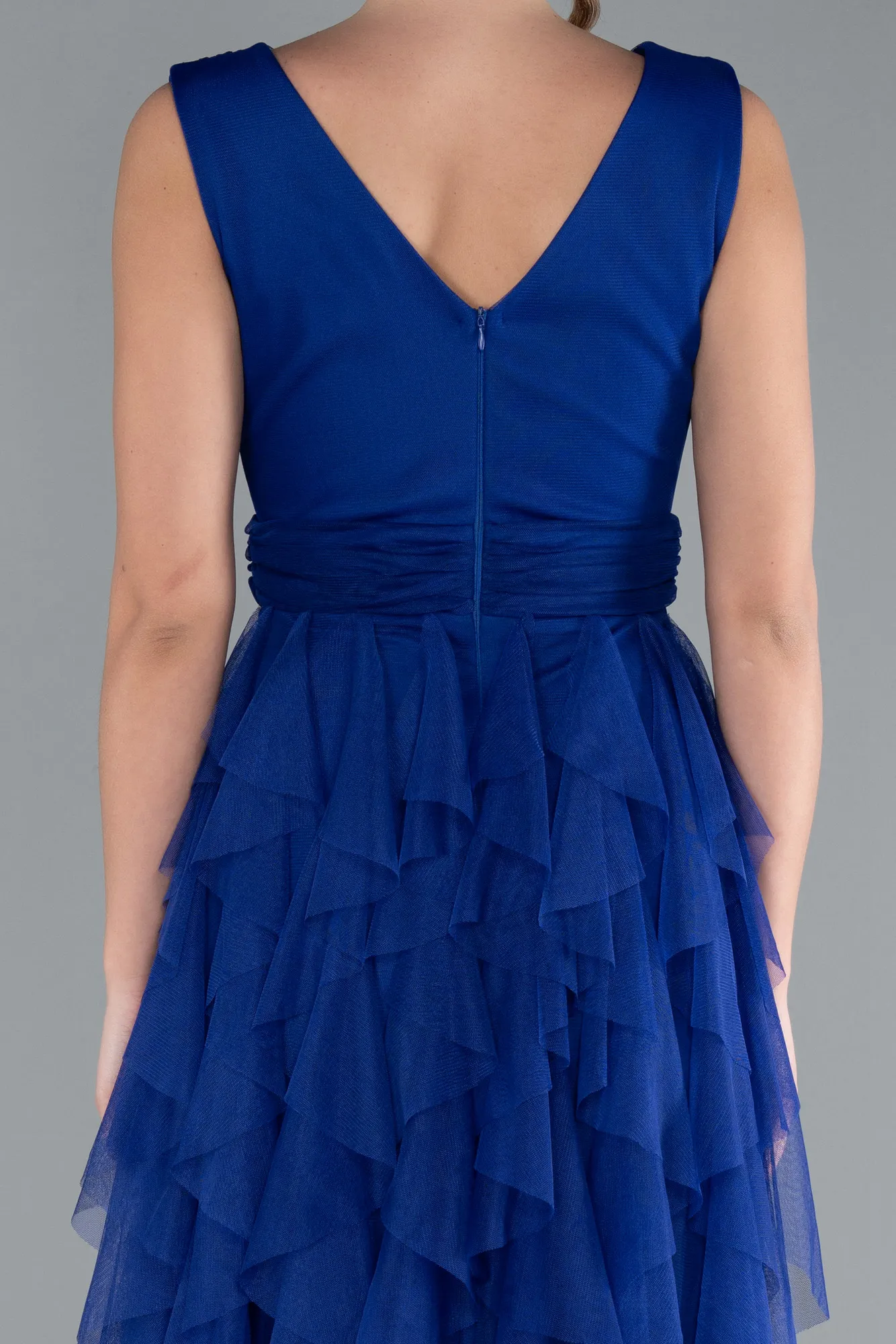 Sax Blue-V Neck Layered Tulle Long Prom Dress ABU4723