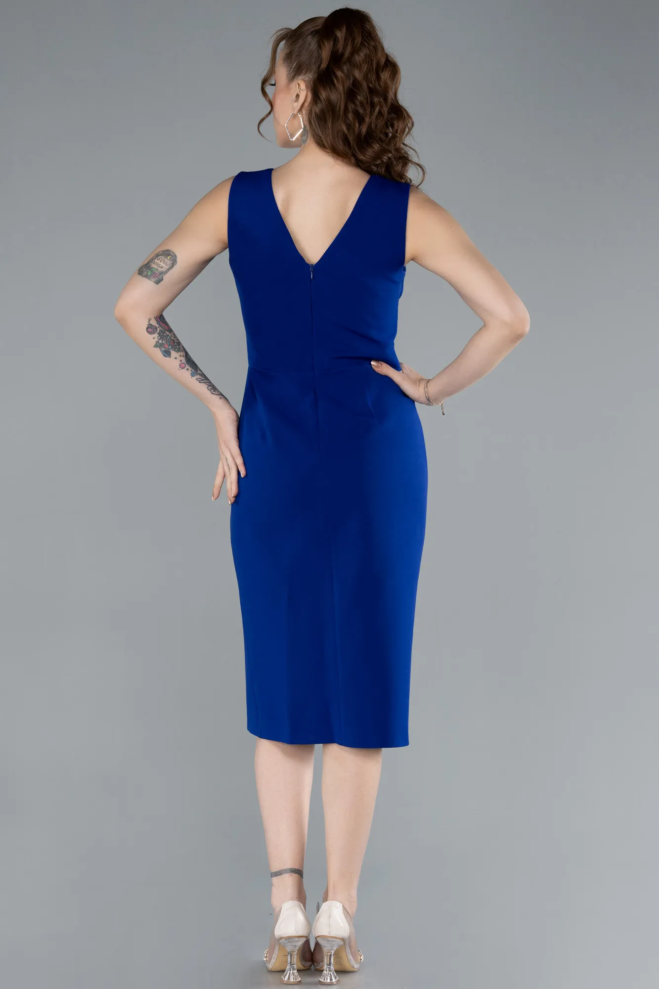 Sax Blue-V Neck Midi Cocktail Dress ABK2264