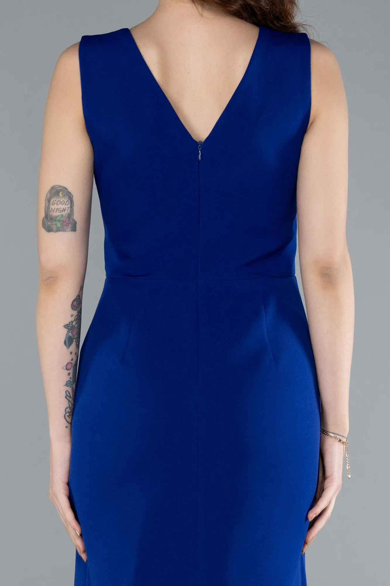 Sax Blue-V Neck Midi Cocktail Dress ABK2264