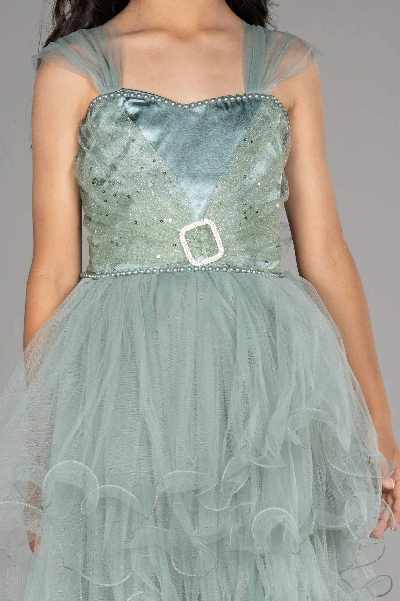 Turquoise-Front Short Back Long Girl Dress ABO105