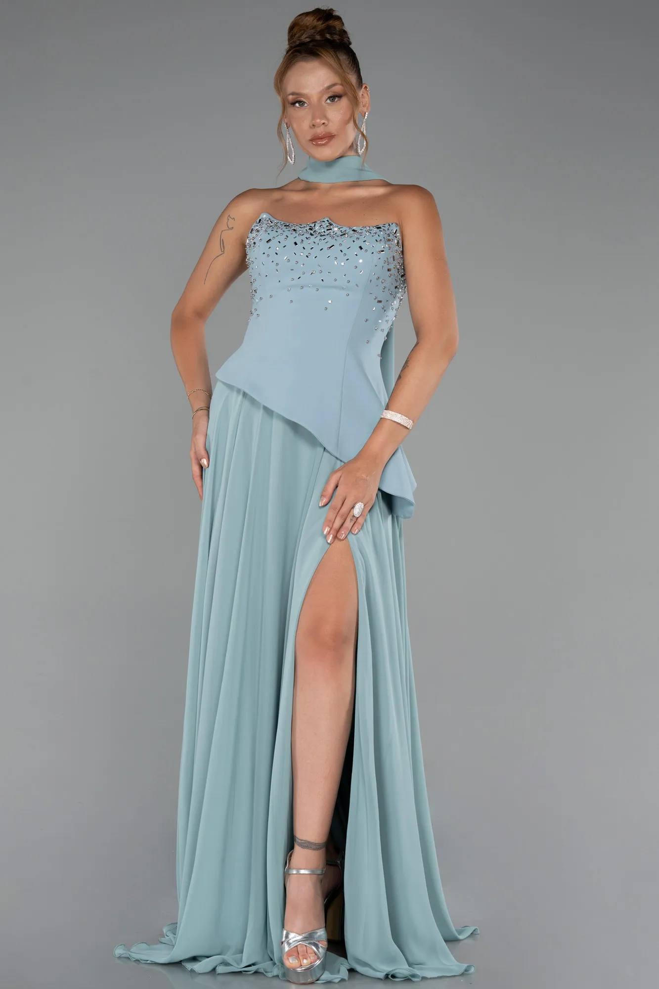 Turquoise-Long Chiffon Evening Dress ABU5280