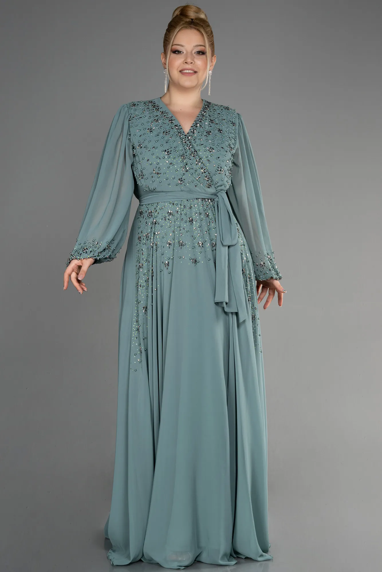 Turquoise-Long Chiffon Plus Size Evening Dress ABU3075