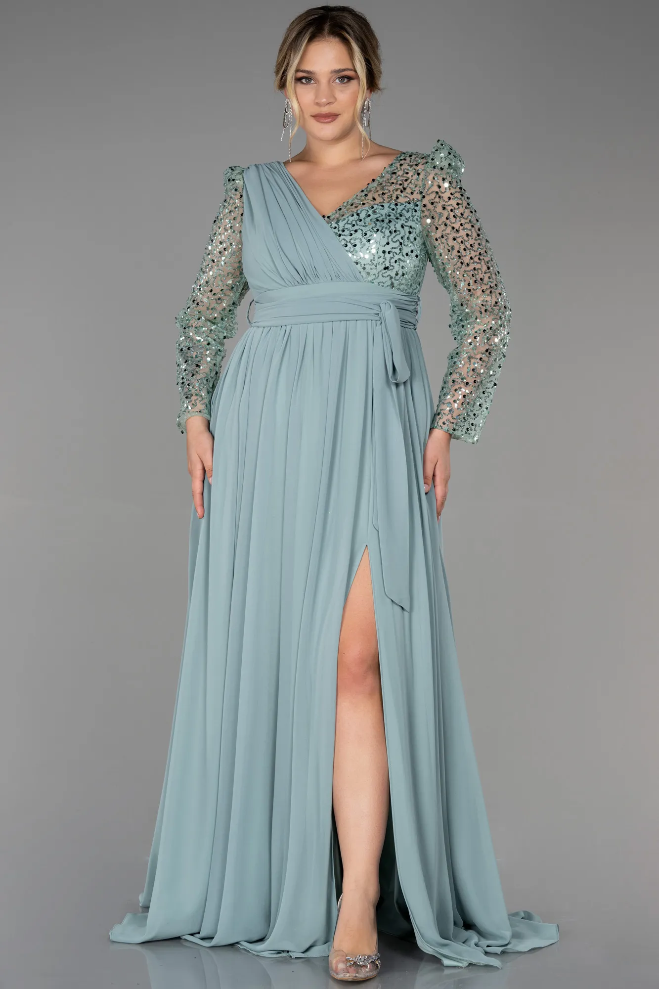 Turquoise-Long Chiffon Plus Size Evening Dress ABU3186