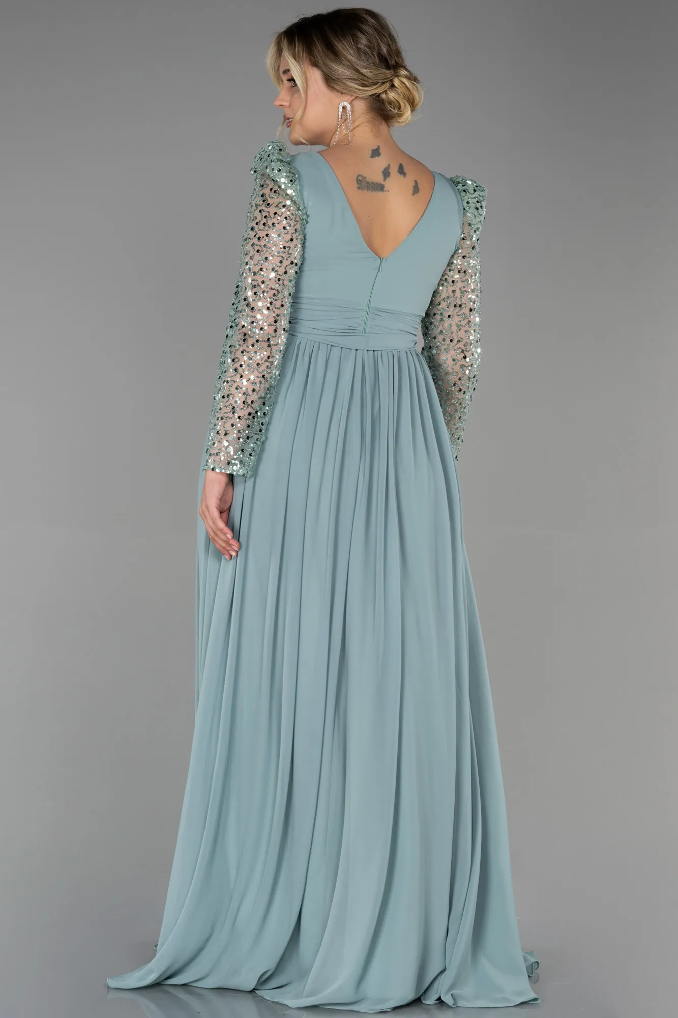Turquoise-Long Chiffon Plus Size Evening Dress ABU3186