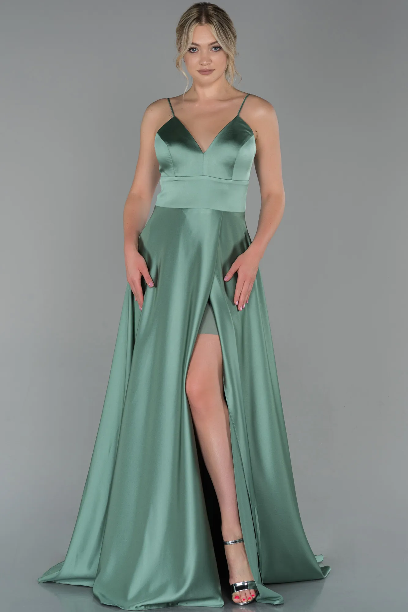 Turquoise-Long Satin Evening Dress ABU1458
