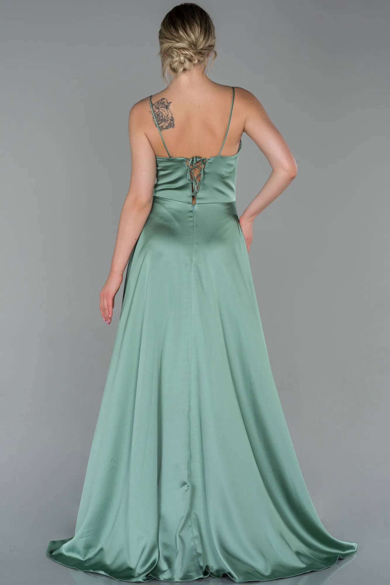Turquoise-Long Satin Evening Dress ABU1458