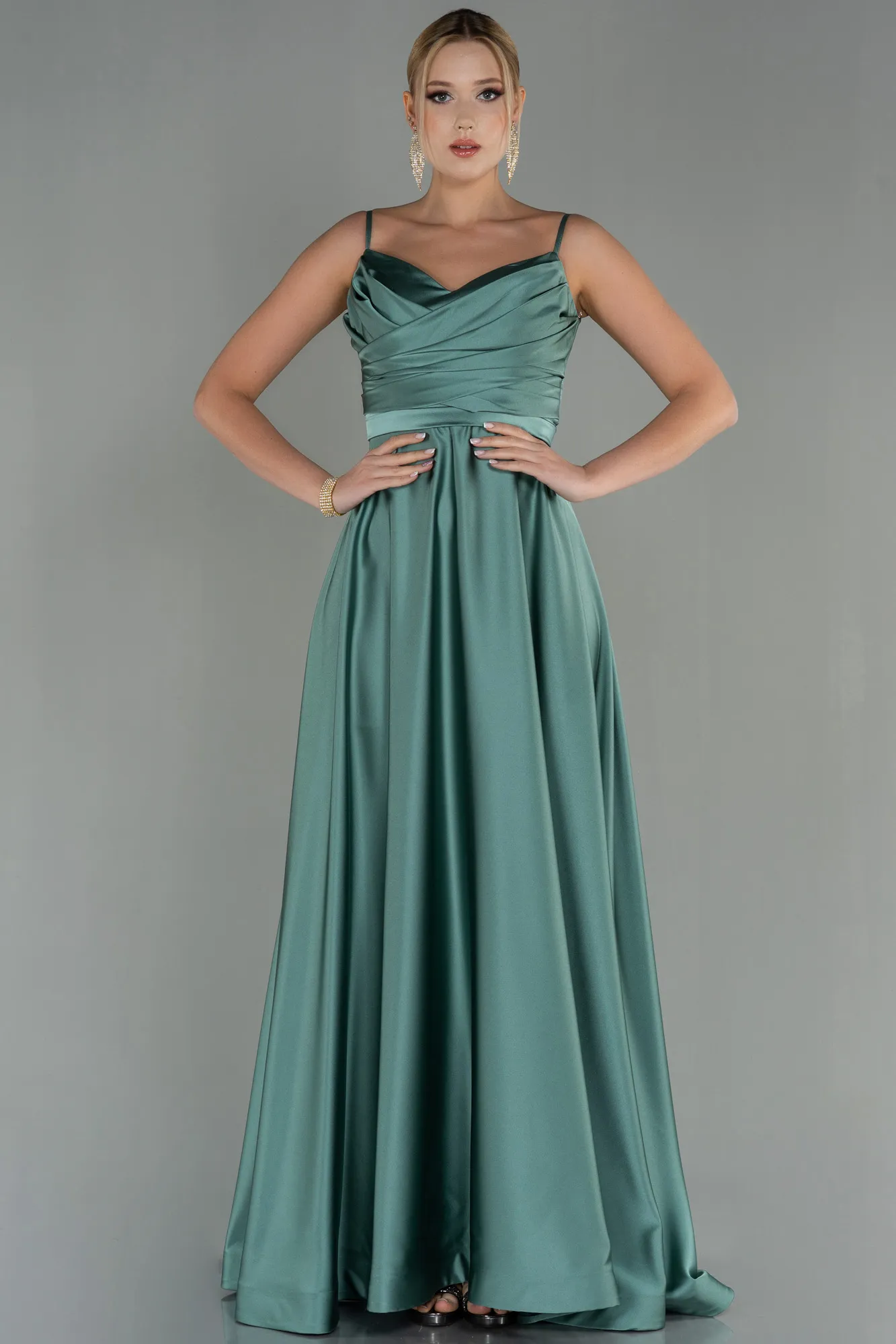 Turquoise-Long Satin Evening Dress ABU1601