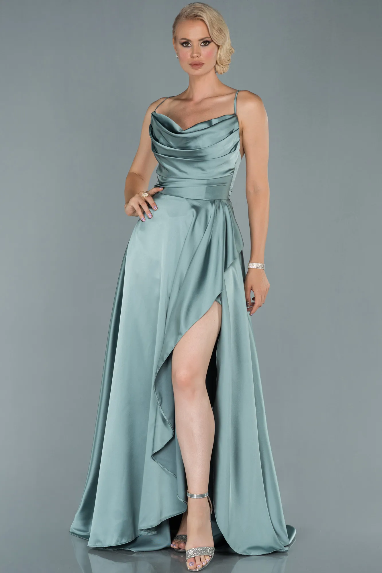 Turquoise-Long Satin Evening Dress ABU1843