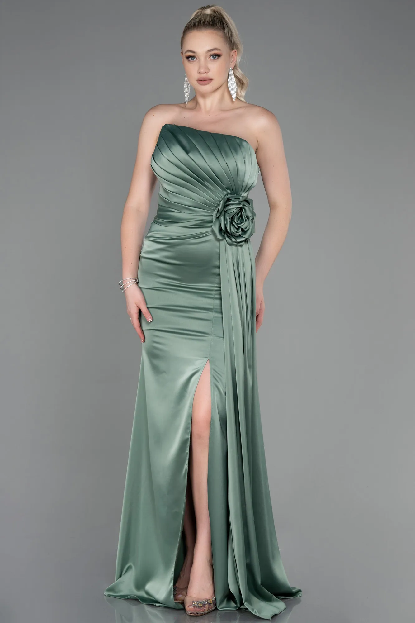 Turquoise-Long Satin Evening Dress ABU3234
