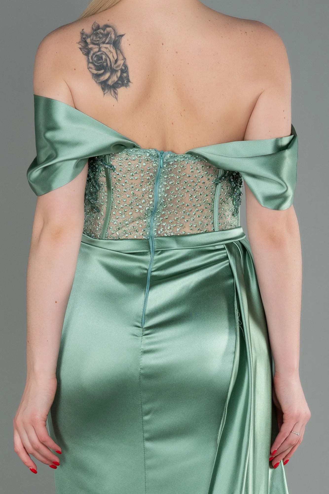 Turquoise-Long Satin Evening Dress ABU3446