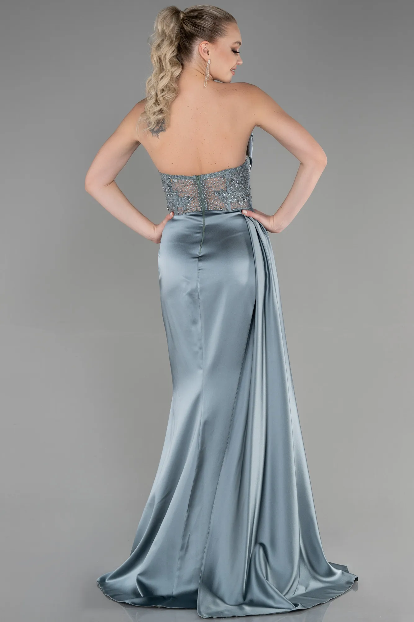 Turquoise-Long Satin Evening Dress ABU3447