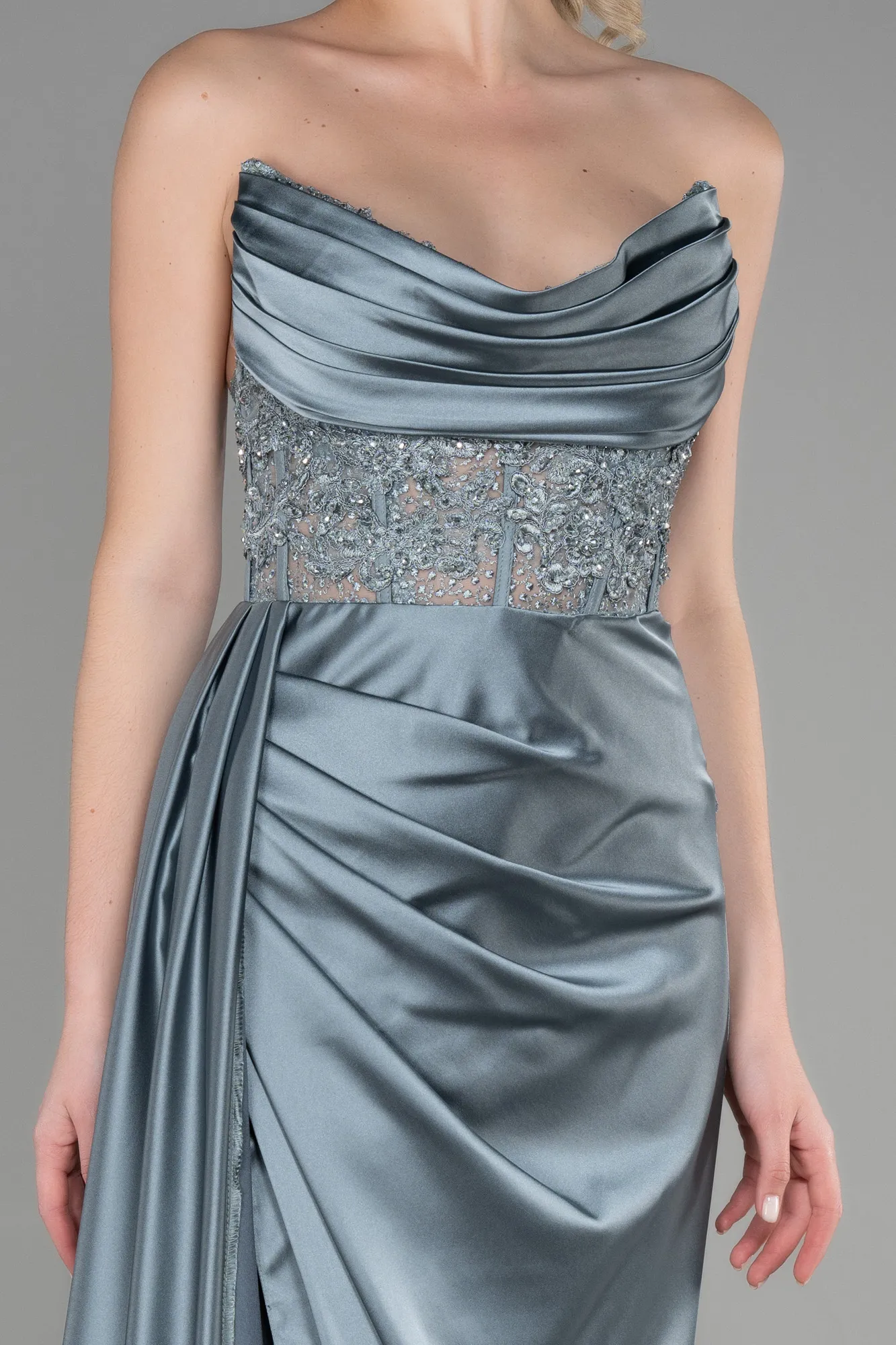 Turquoise-Long Satin Evening Dress ABU3447