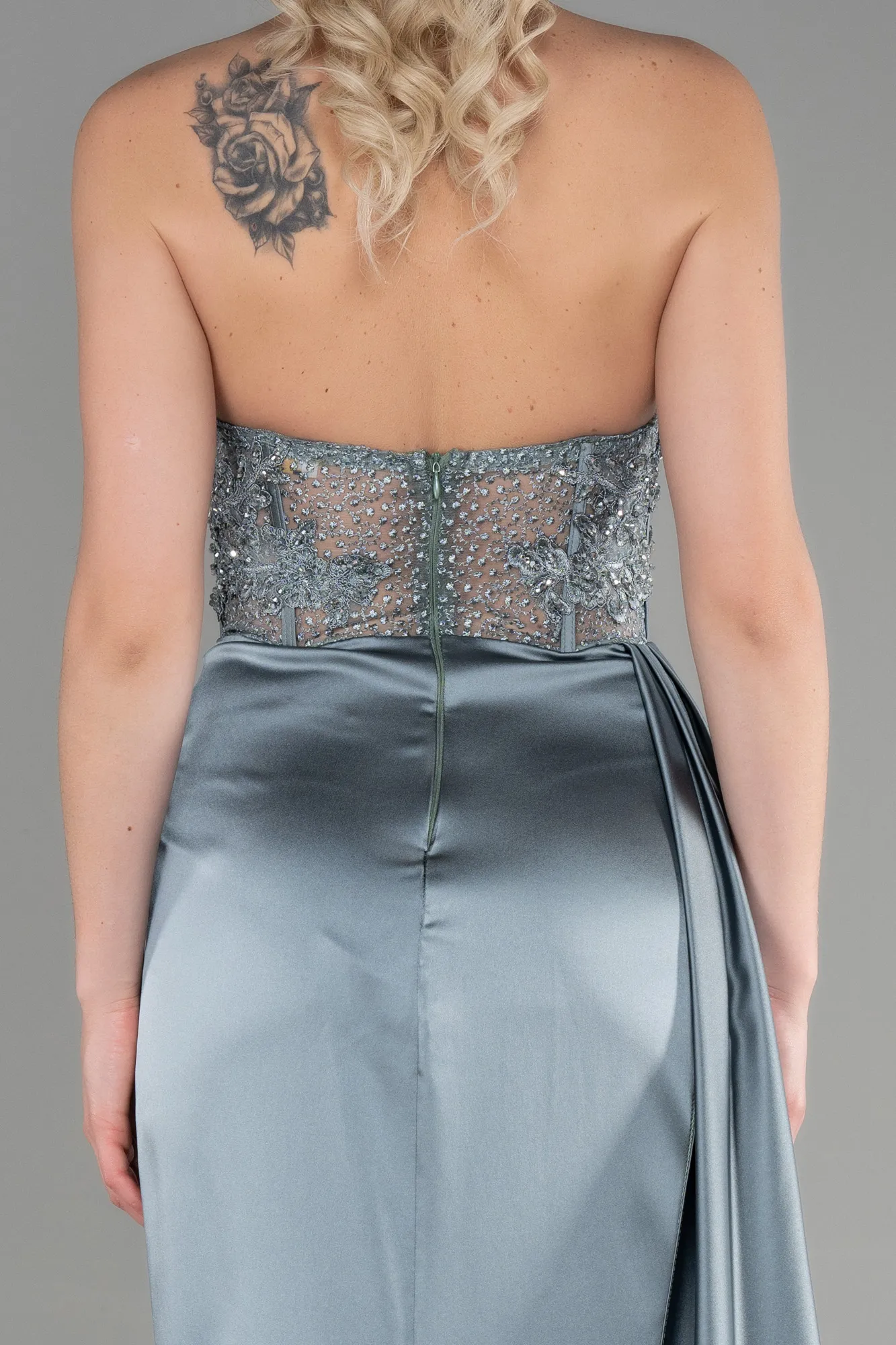 Turquoise-Long Satin Evening Dress ABU3447