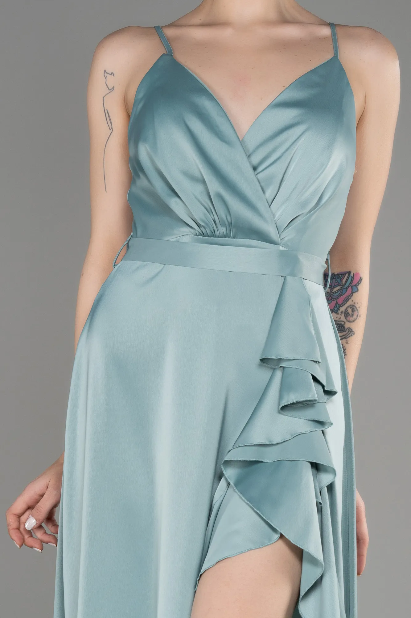 Turquoise-Long Satin Evening Dress ABU3807