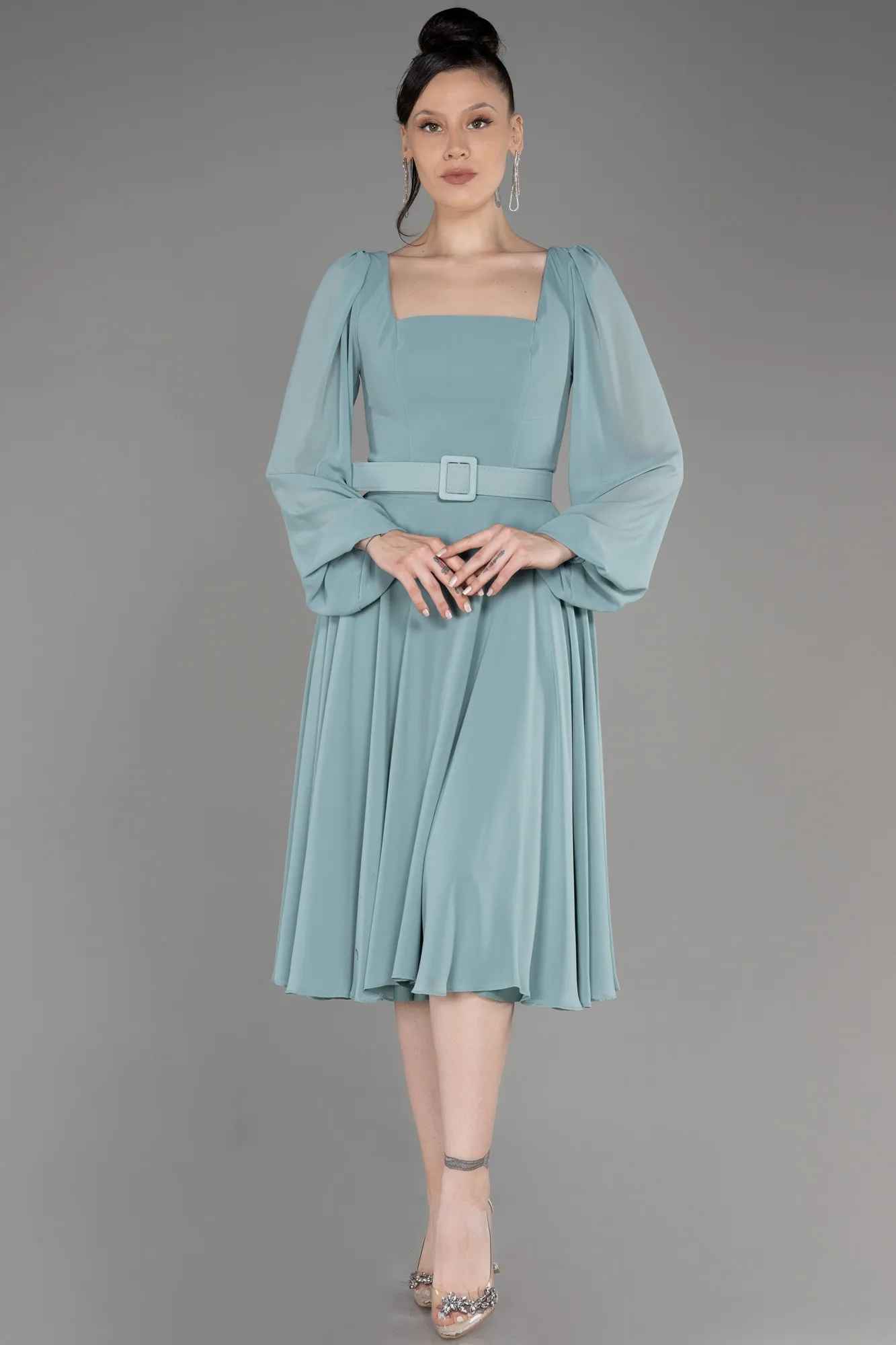Turquoise-Long Sleeve Midi Chiffon Cocktail Dress ABK2026